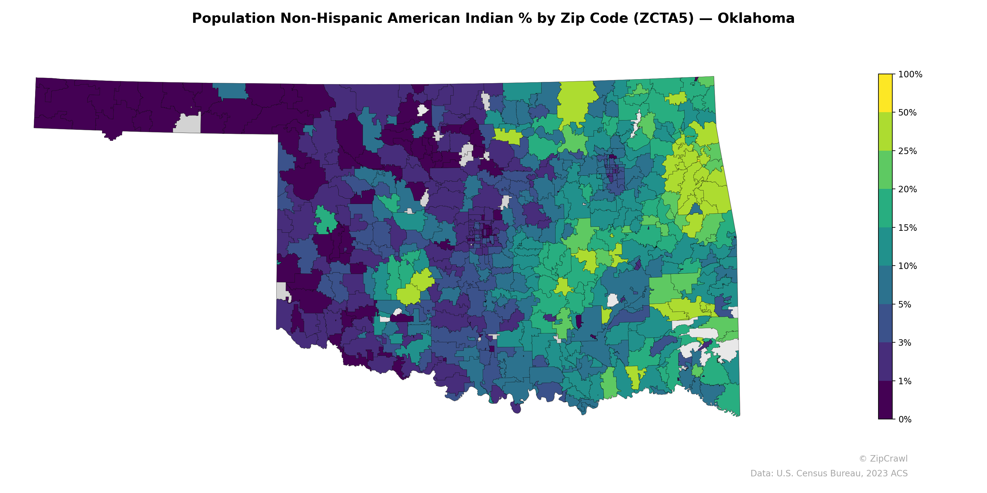 Population Non-Hispanic American Indian % by Zip Code (ZCTA5) — Oklahoma