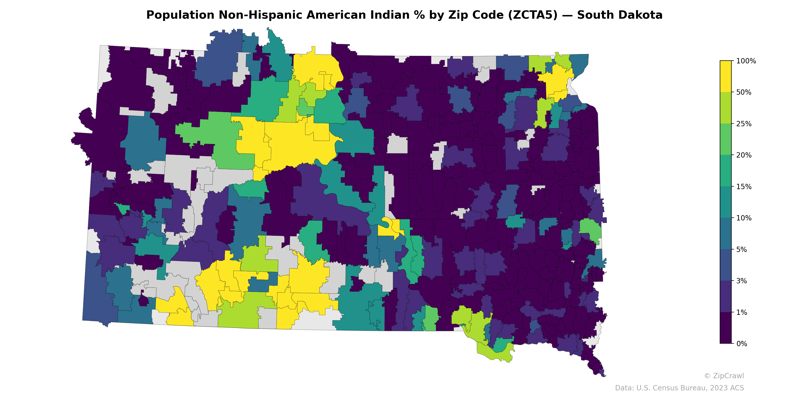 Population Non-Hispanic American Indian % by Zip Code (ZCTA5) — South Dakota