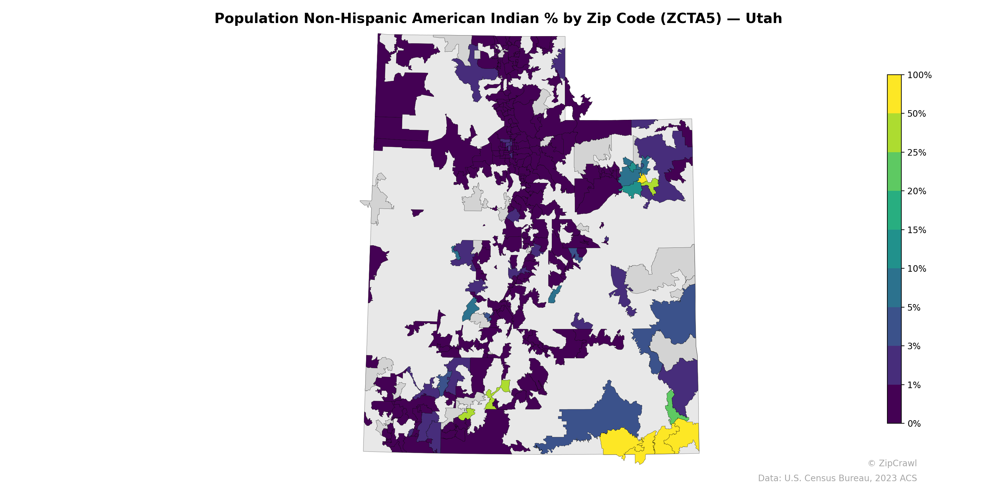 Population Non-Hispanic American Indian % by Zip Code (ZCTA5) — Utah
