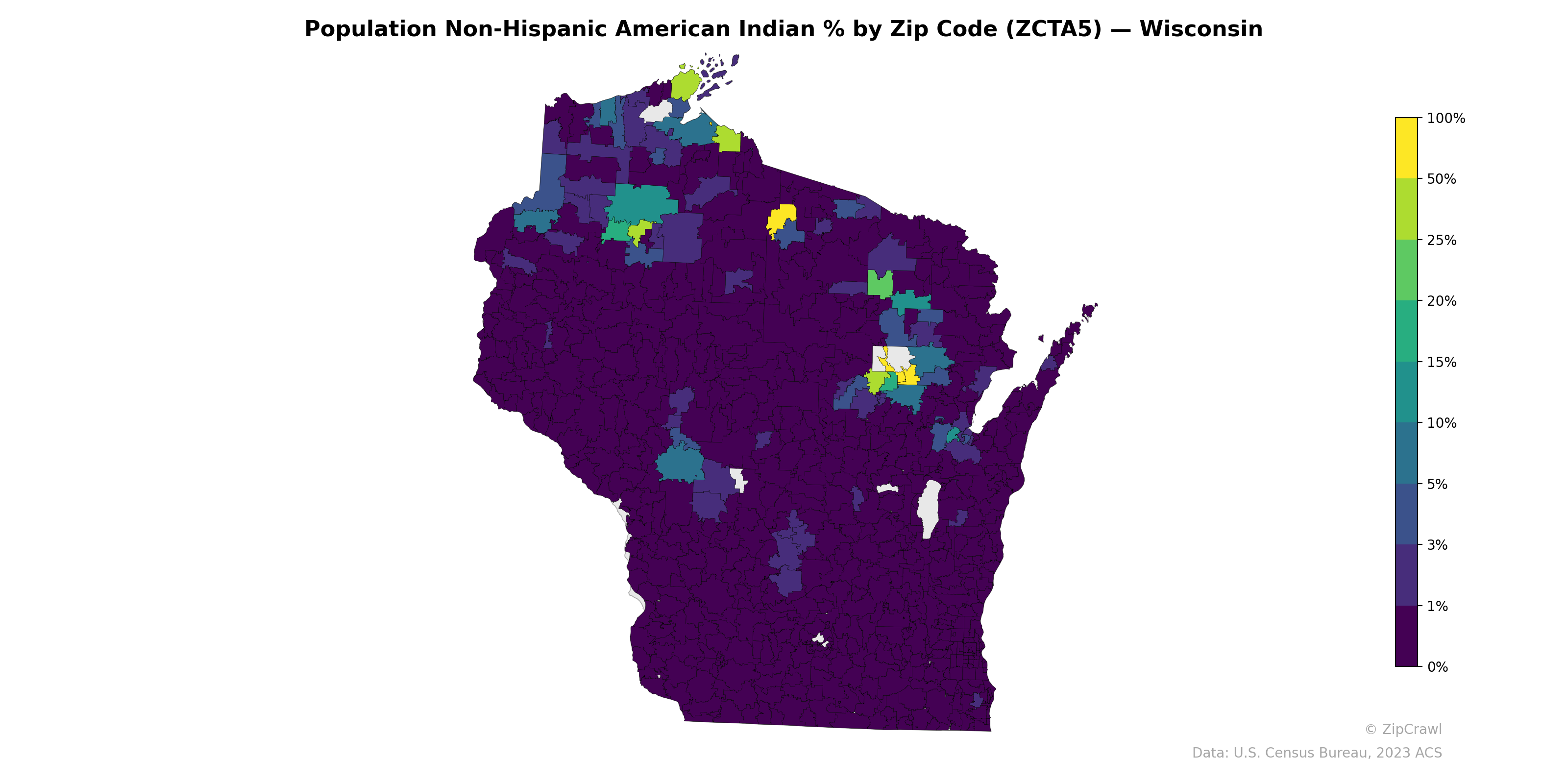 Population Non-Hispanic American Indian % by Zip Code (ZCTA5) — Wisconsin