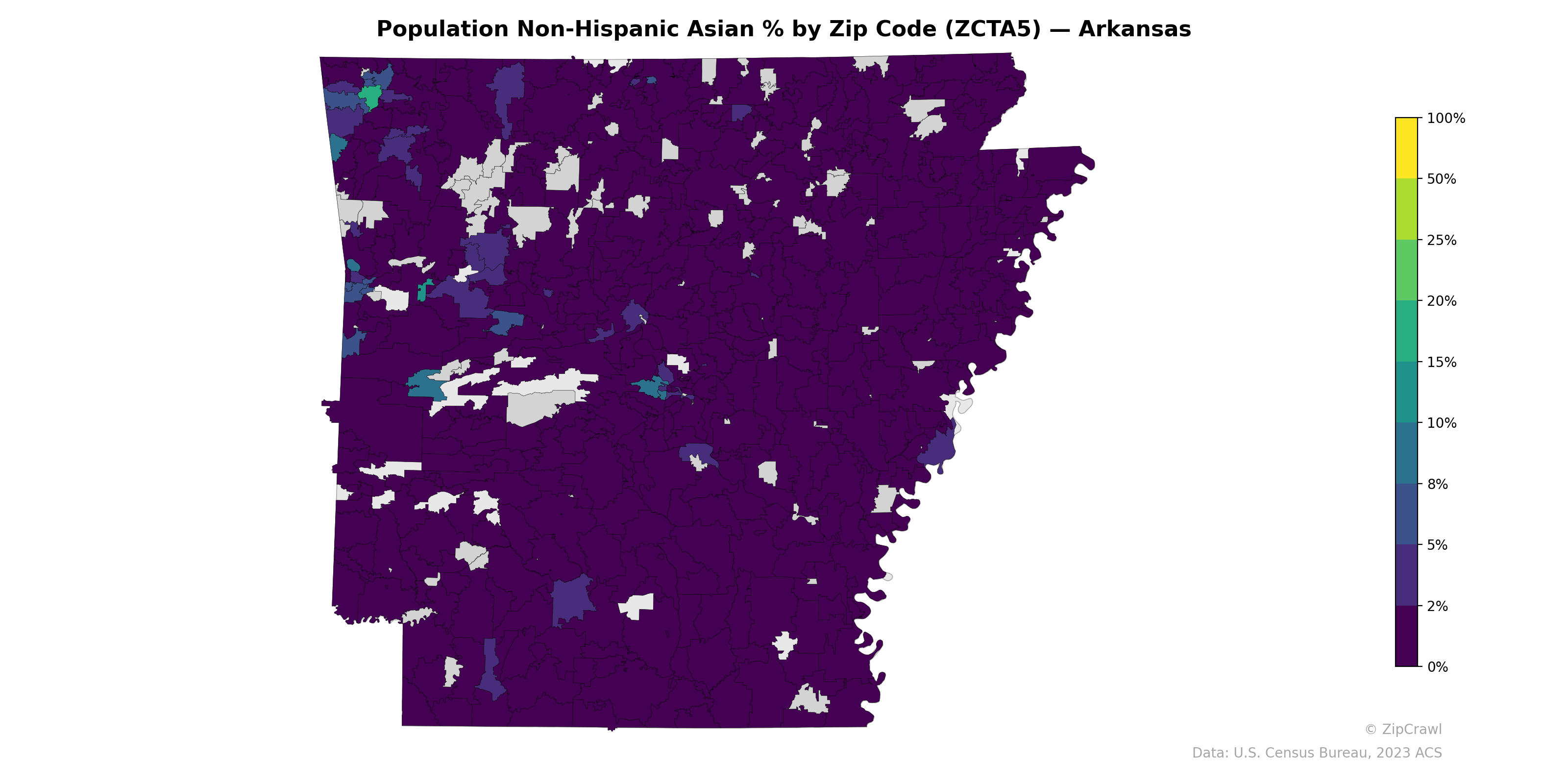 Population Non-Hispanic Asian % by Zip Code (ZCTA5) — Arkansas