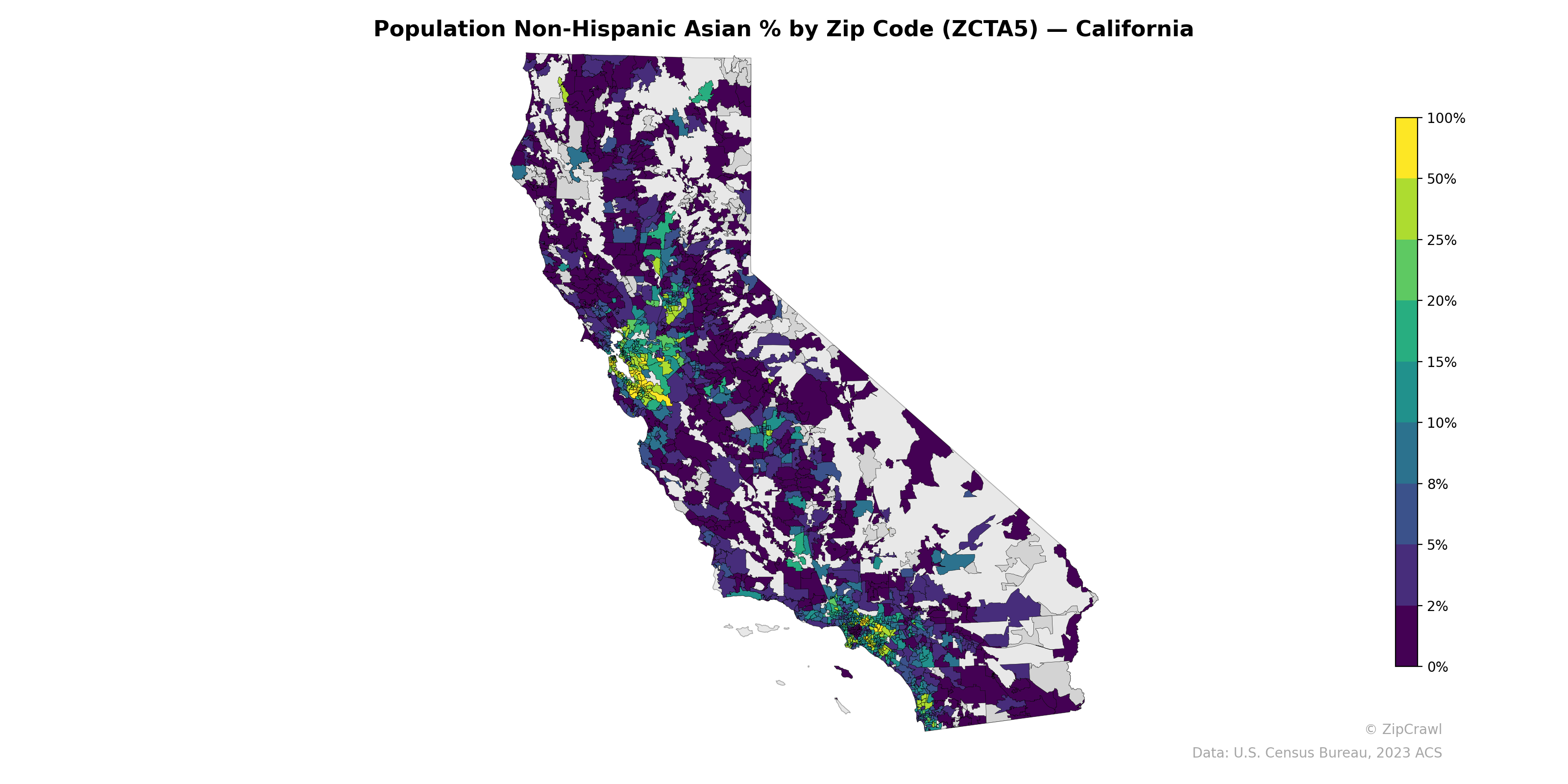 Population Non-Hispanic Asian % by Zip Code (ZCTA5) — California