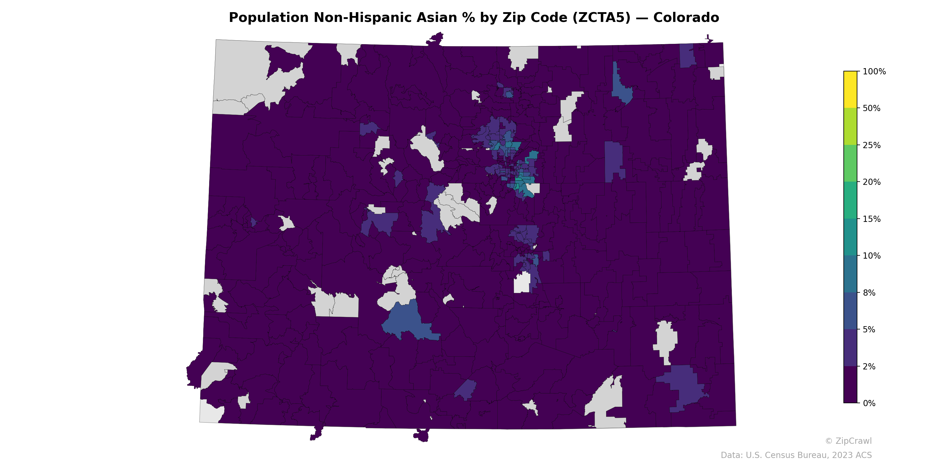 Population Non-Hispanic Asian % by Zip Code (ZCTA5) — Colorado