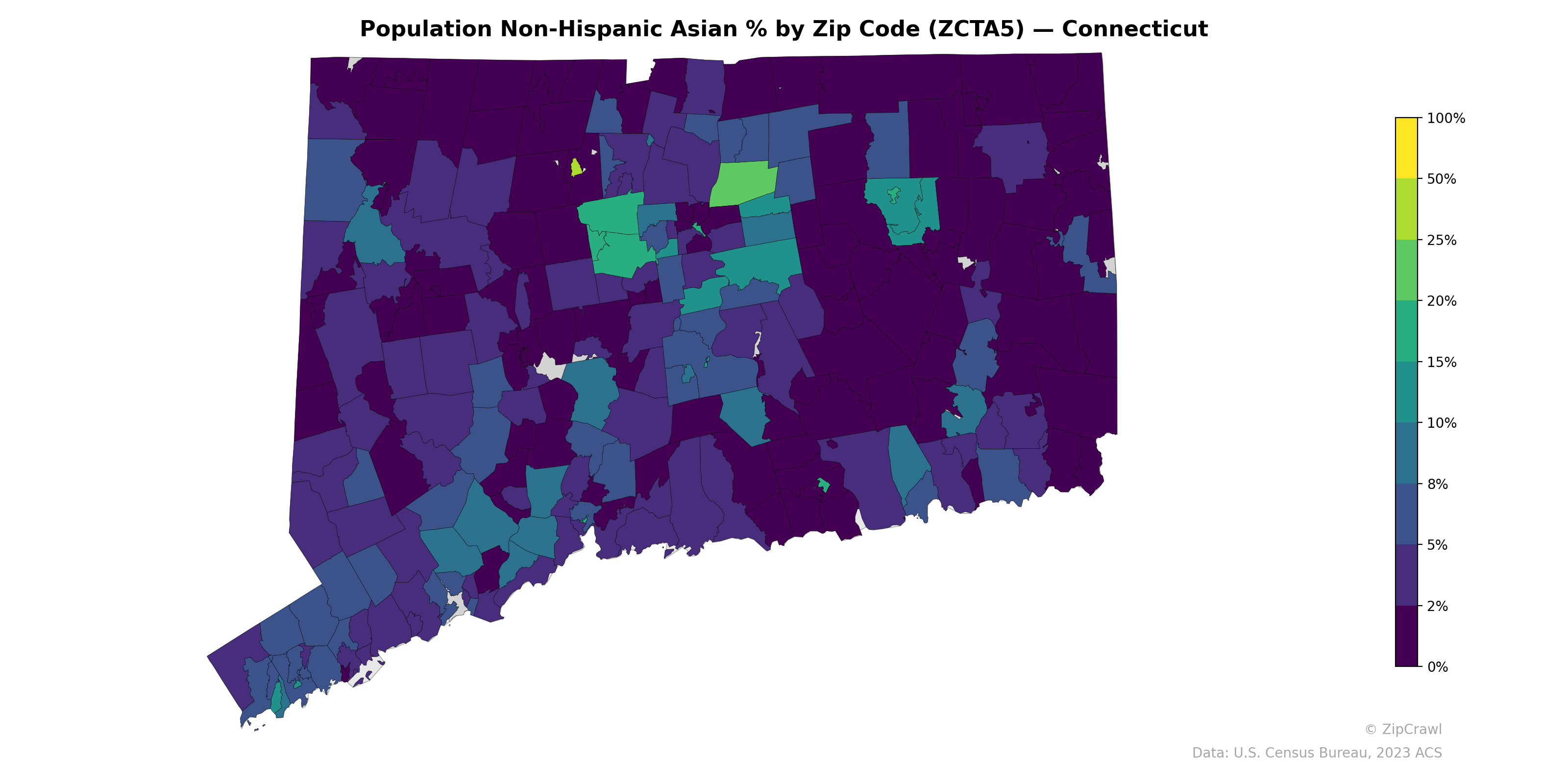 Population Non-Hispanic Asian % by Zip Code (ZCTA5) — Connecticut
