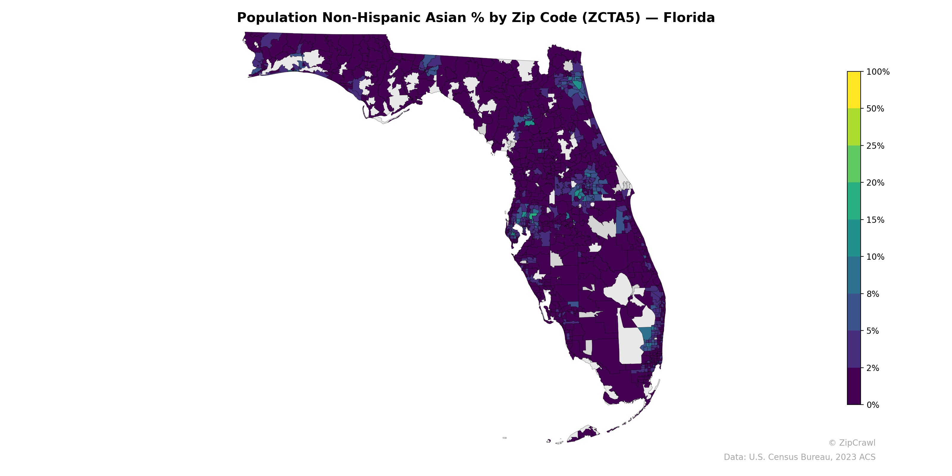 Population Non-Hispanic Asian % by Zip Code (ZCTA5) — Florida