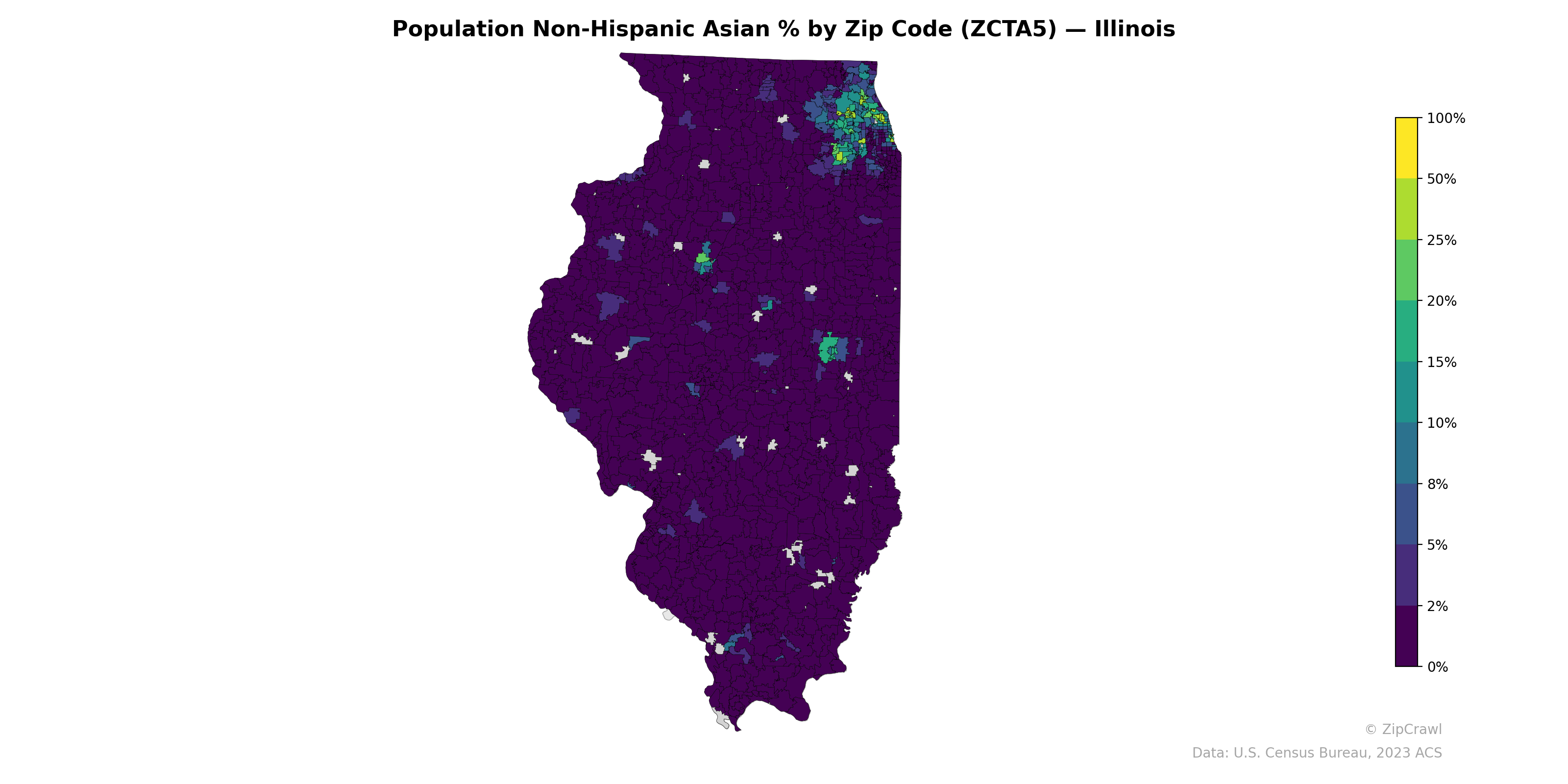 Population Non-Hispanic Asian % by Zip Code (ZCTA5) — Illinois