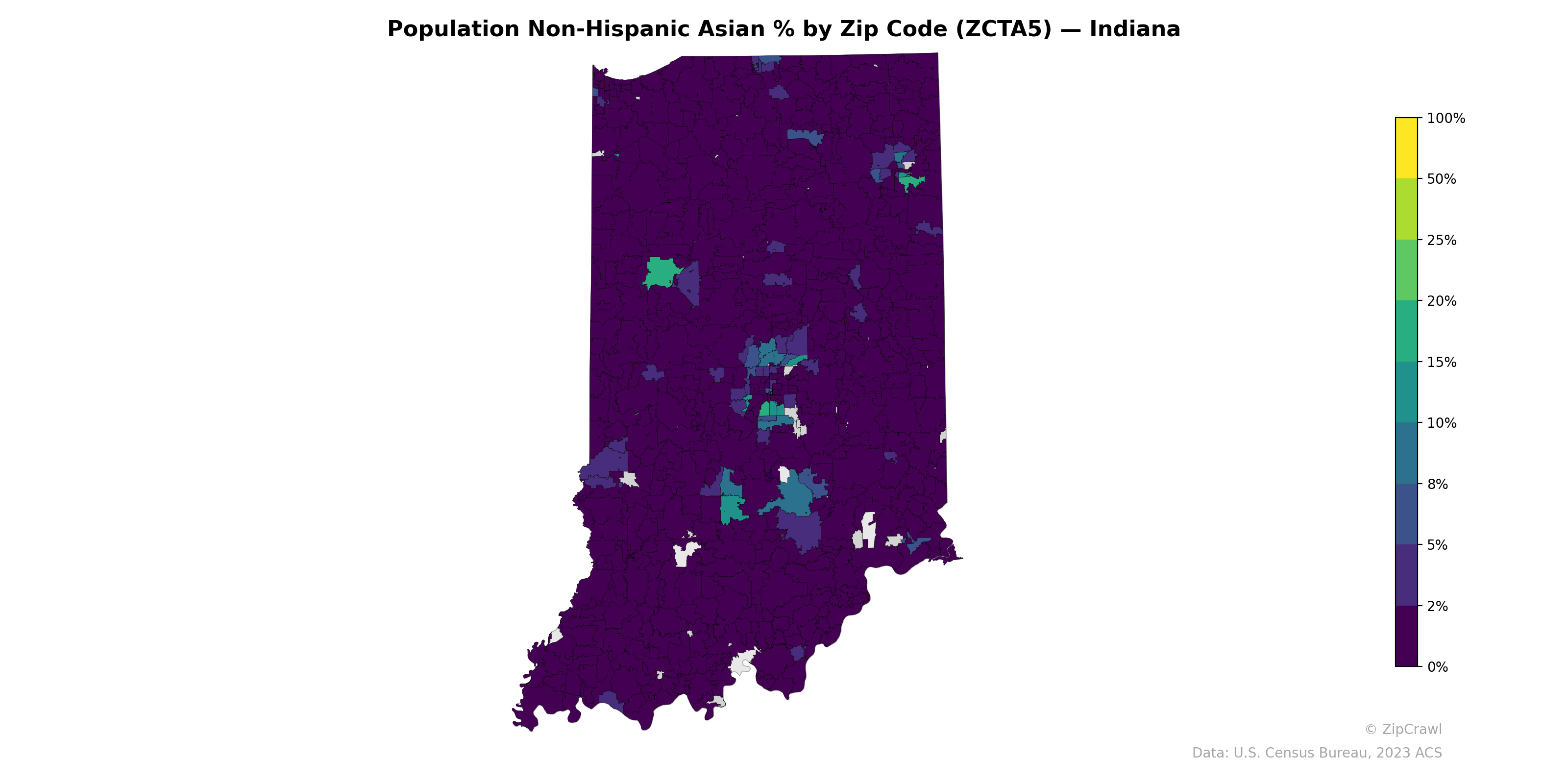 Population Non-Hispanic Asian % by Zip Code (ZCTA5) — Indiana