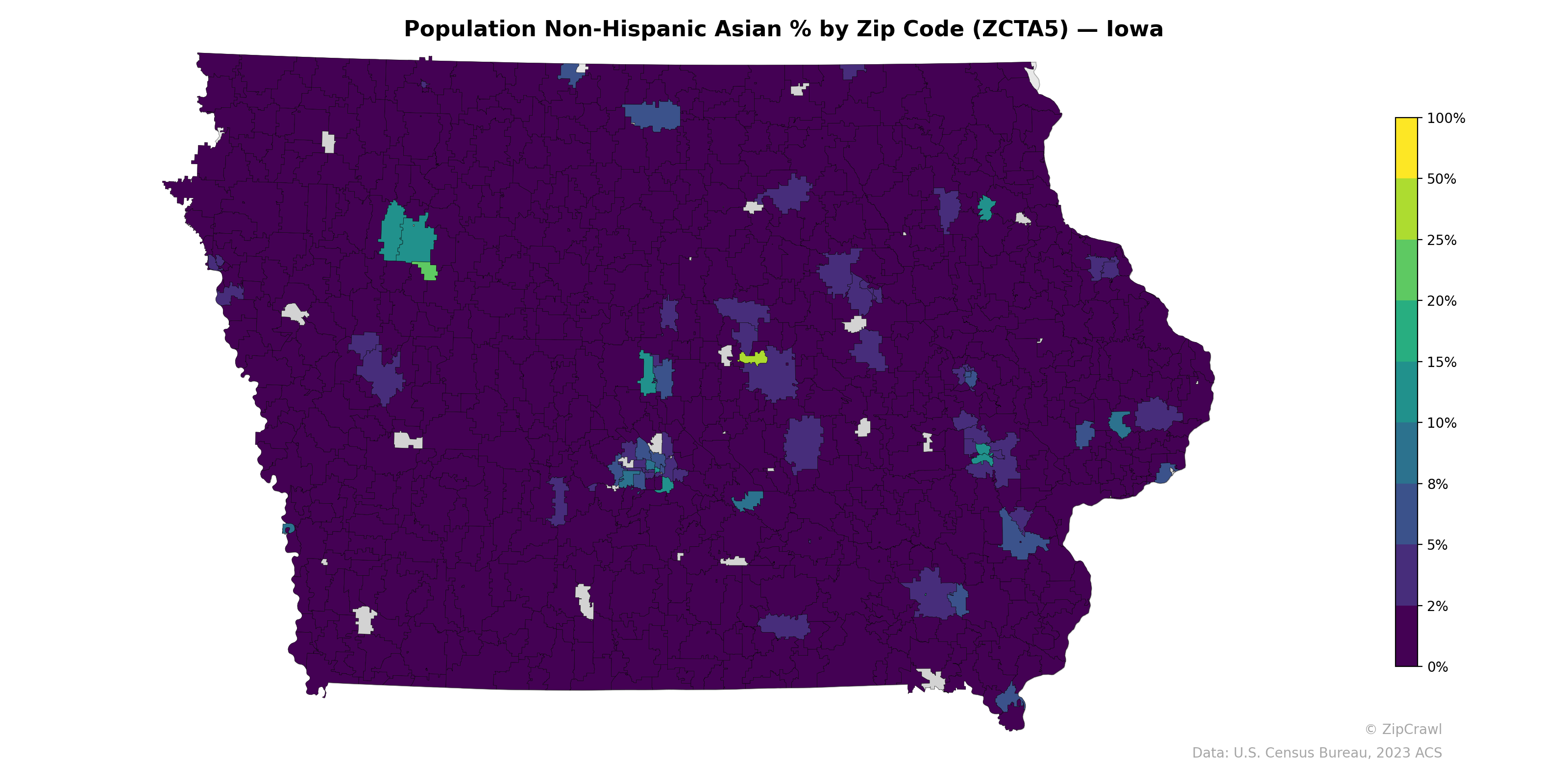 Population Non-Hispanic Asian % by Zip Code (ZCTA5) — Iowa