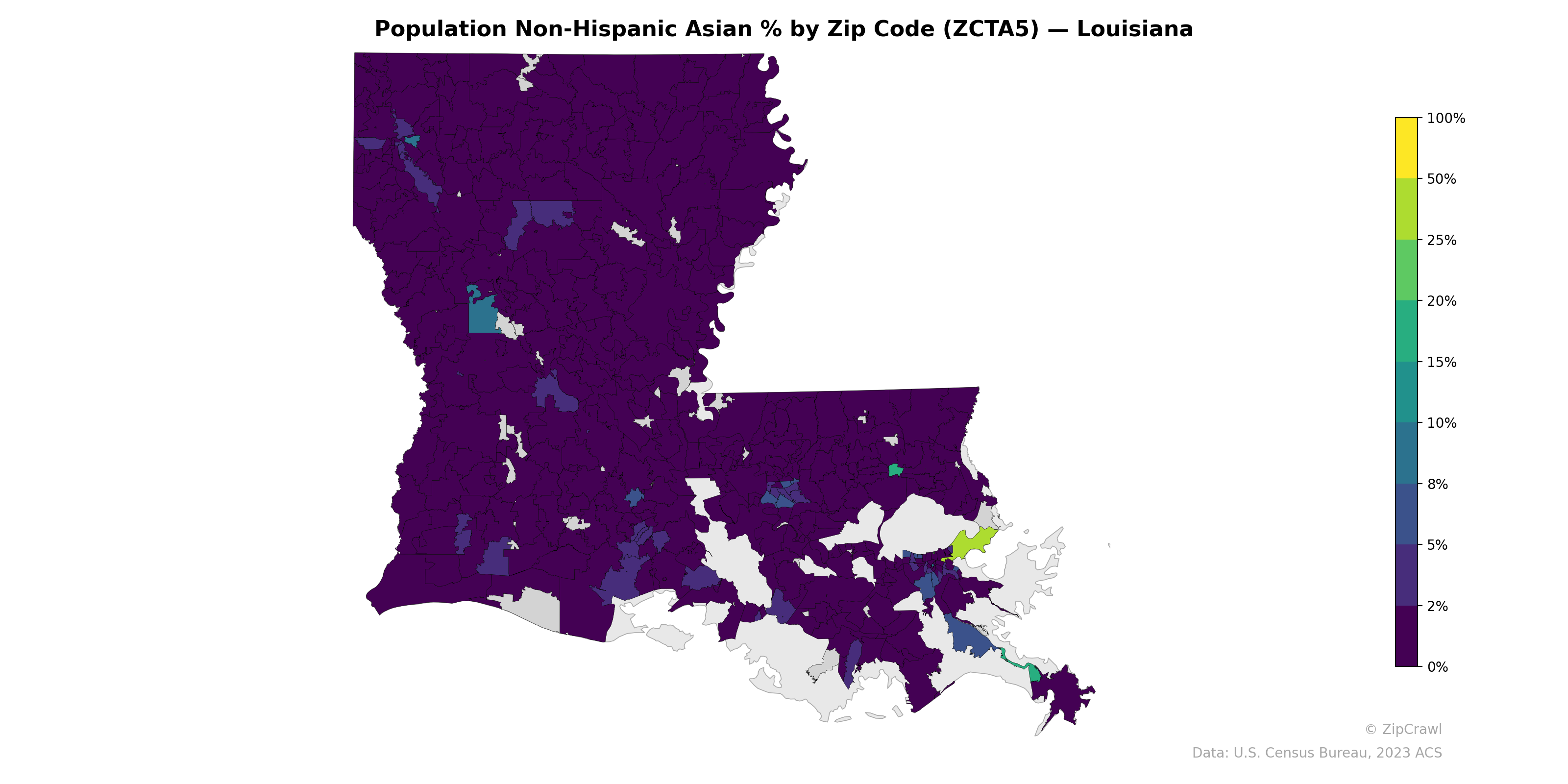 Population Non-Hispanic Asian % by Zip Code (ZCTA5) — Louisiana