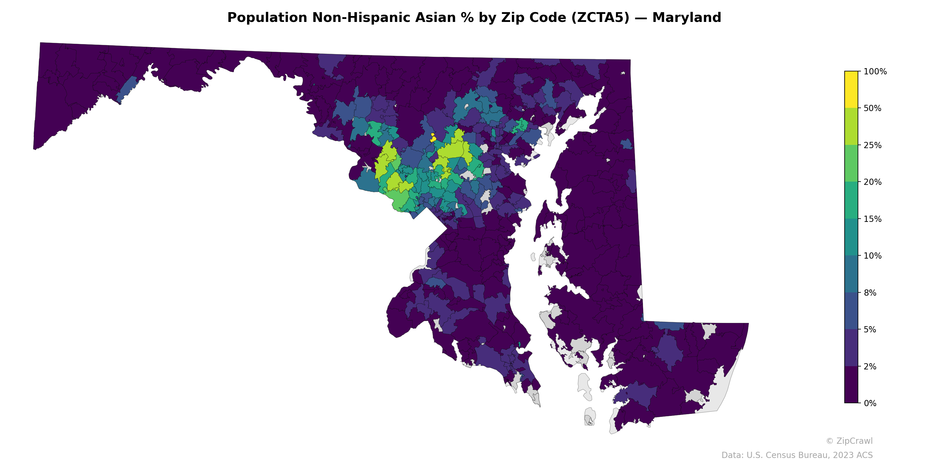 Population Non-Hispanic Asian % by Zip Code (ZCTA5) — Maryland