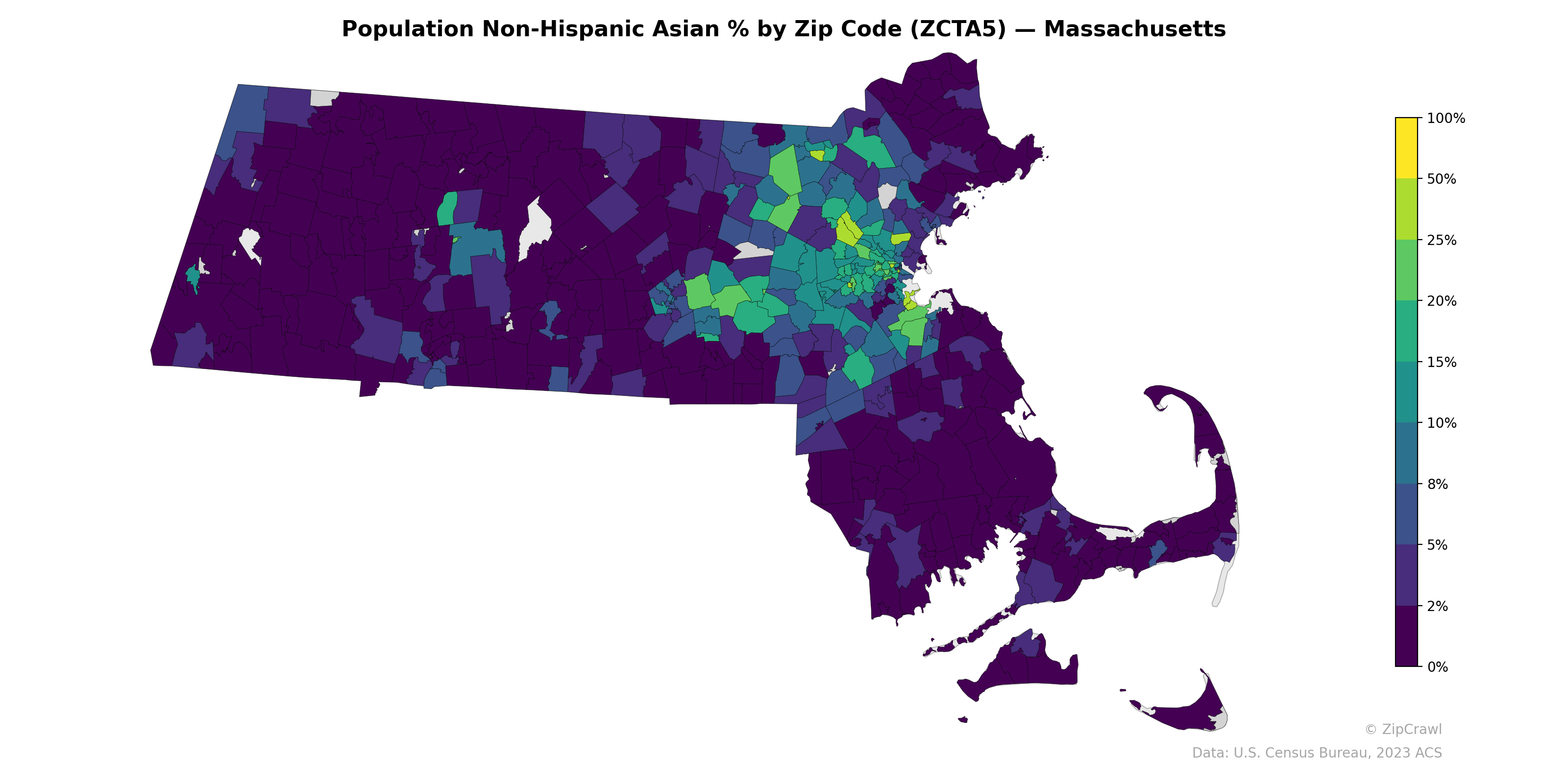 Population Non-Hispanic Asian % by Zip Code (ZCTA5) — Massachusetts