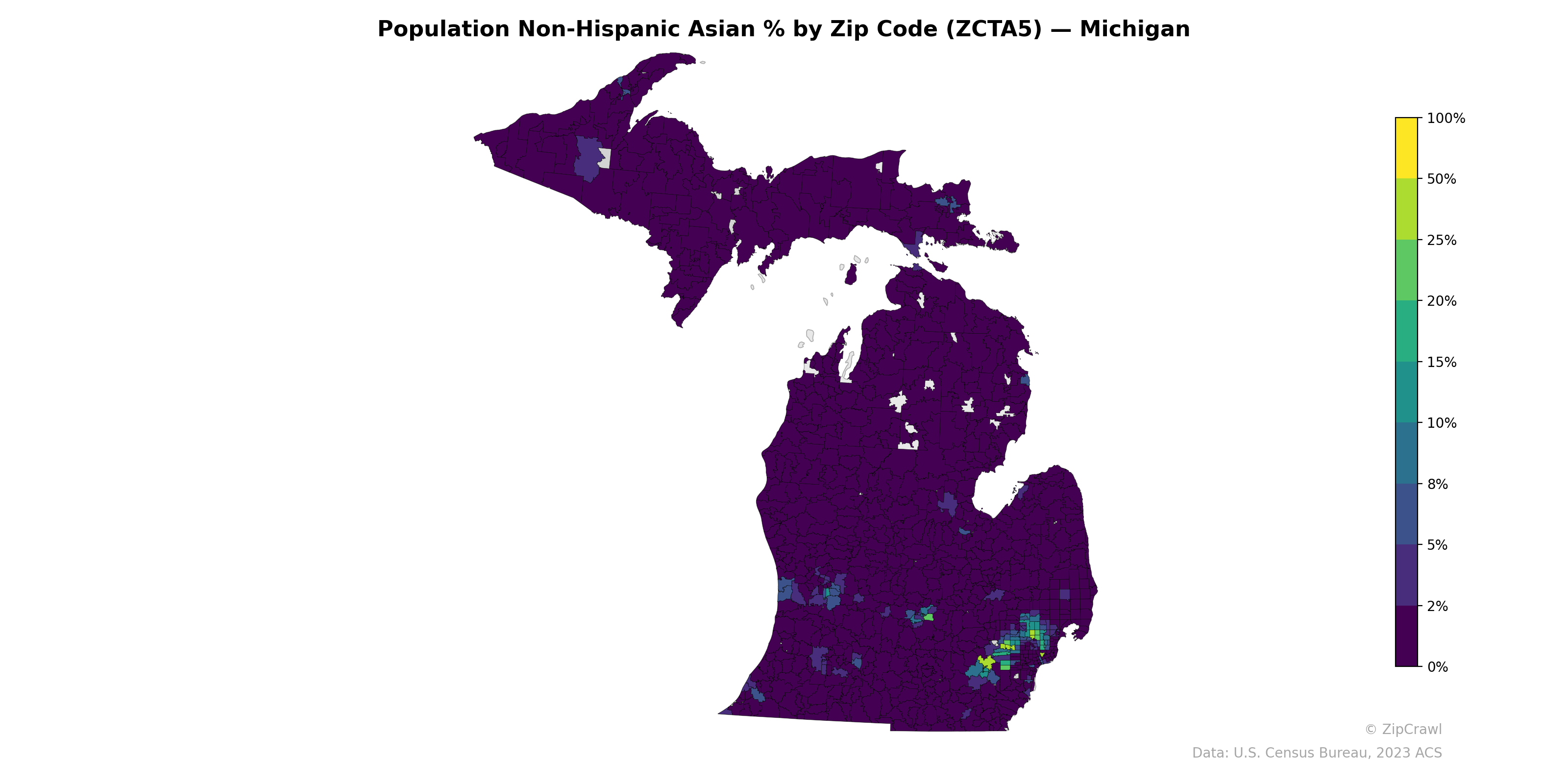 Population Non-Hispanic Asian % by Zip Code (ZCTA5) — Michigan