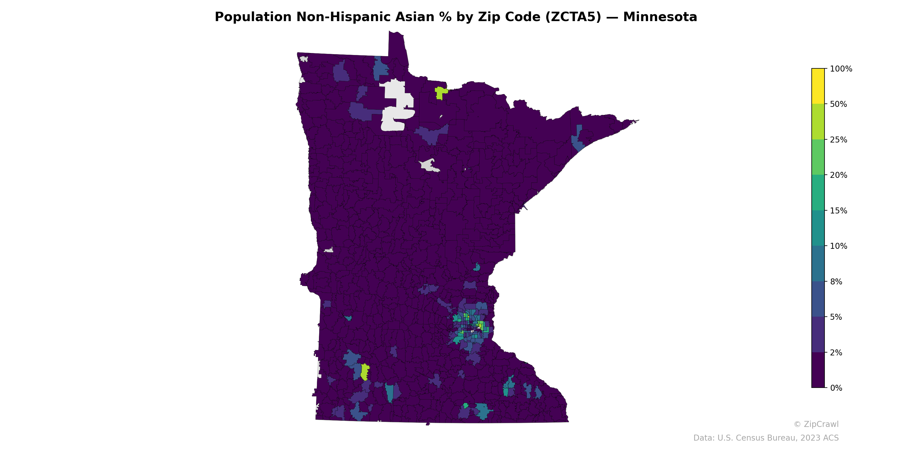 Population Non-Hispanic Asian % by Zip Code (ZCTA5) — Minnesota
