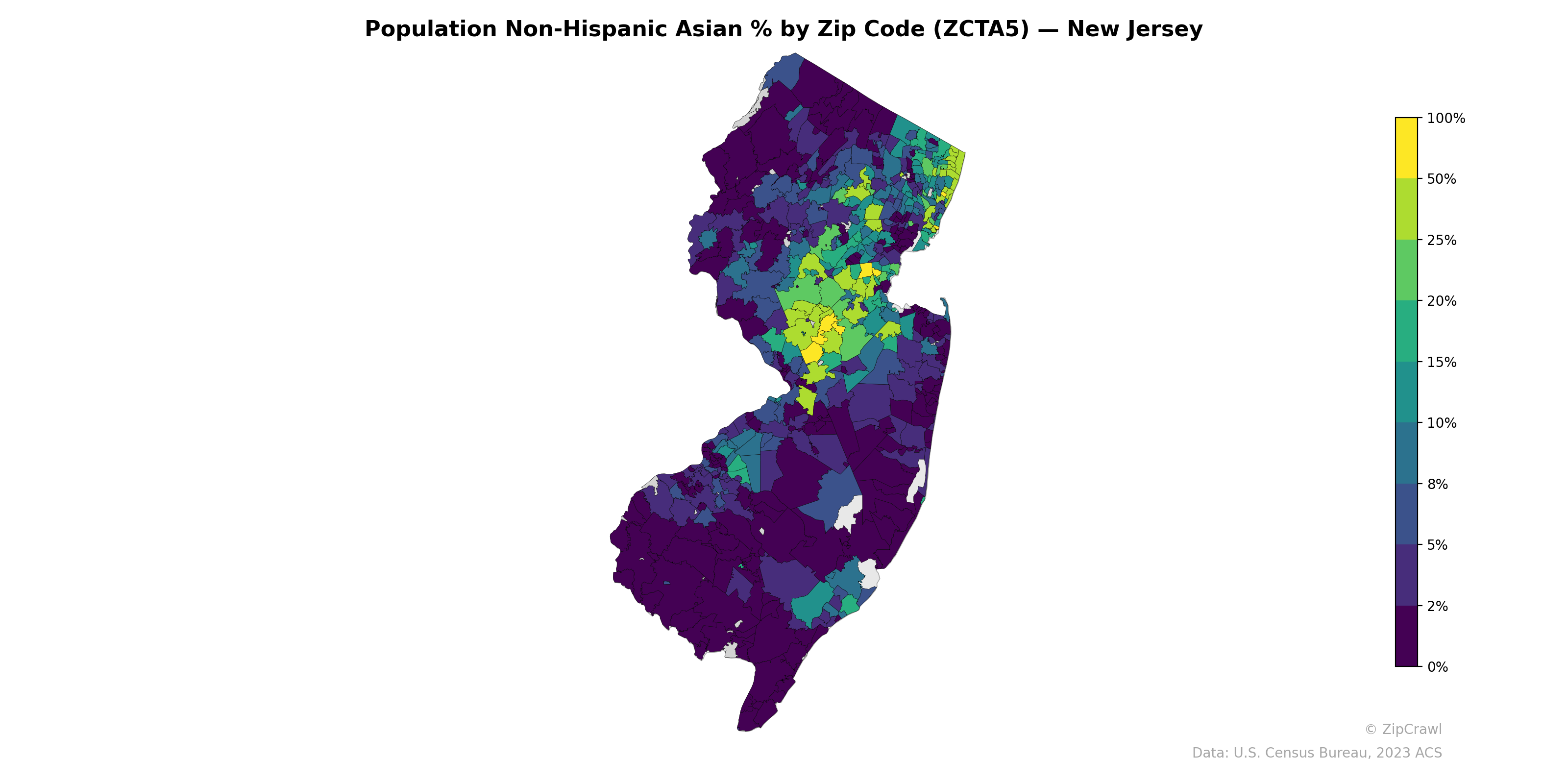 Population Non-Hispanic Asian % by Zip Code (ZCTA5) — New Jersey