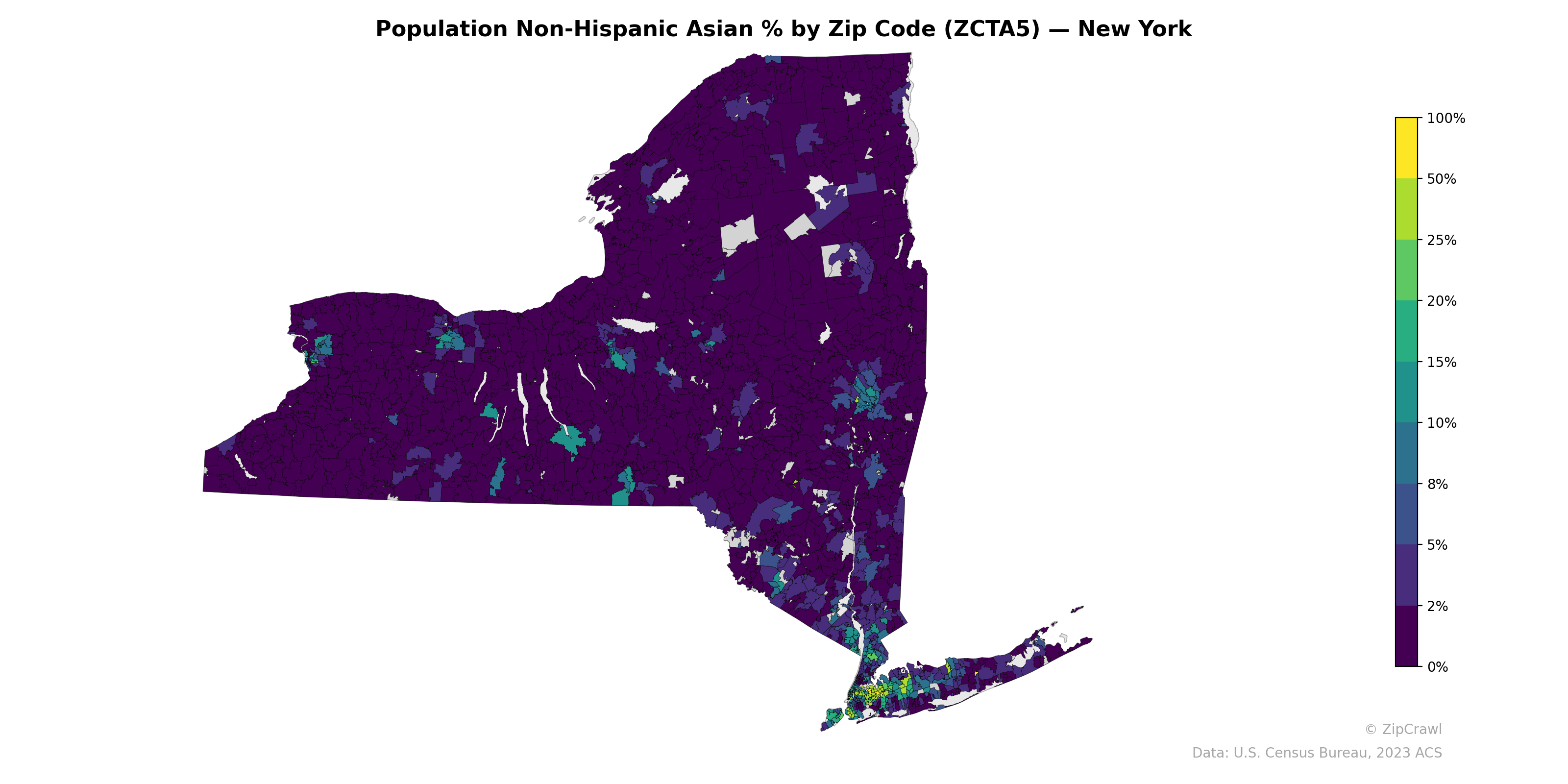 Population Non-Hispanic Asian % by Zip Code (ZCTA5) — New York