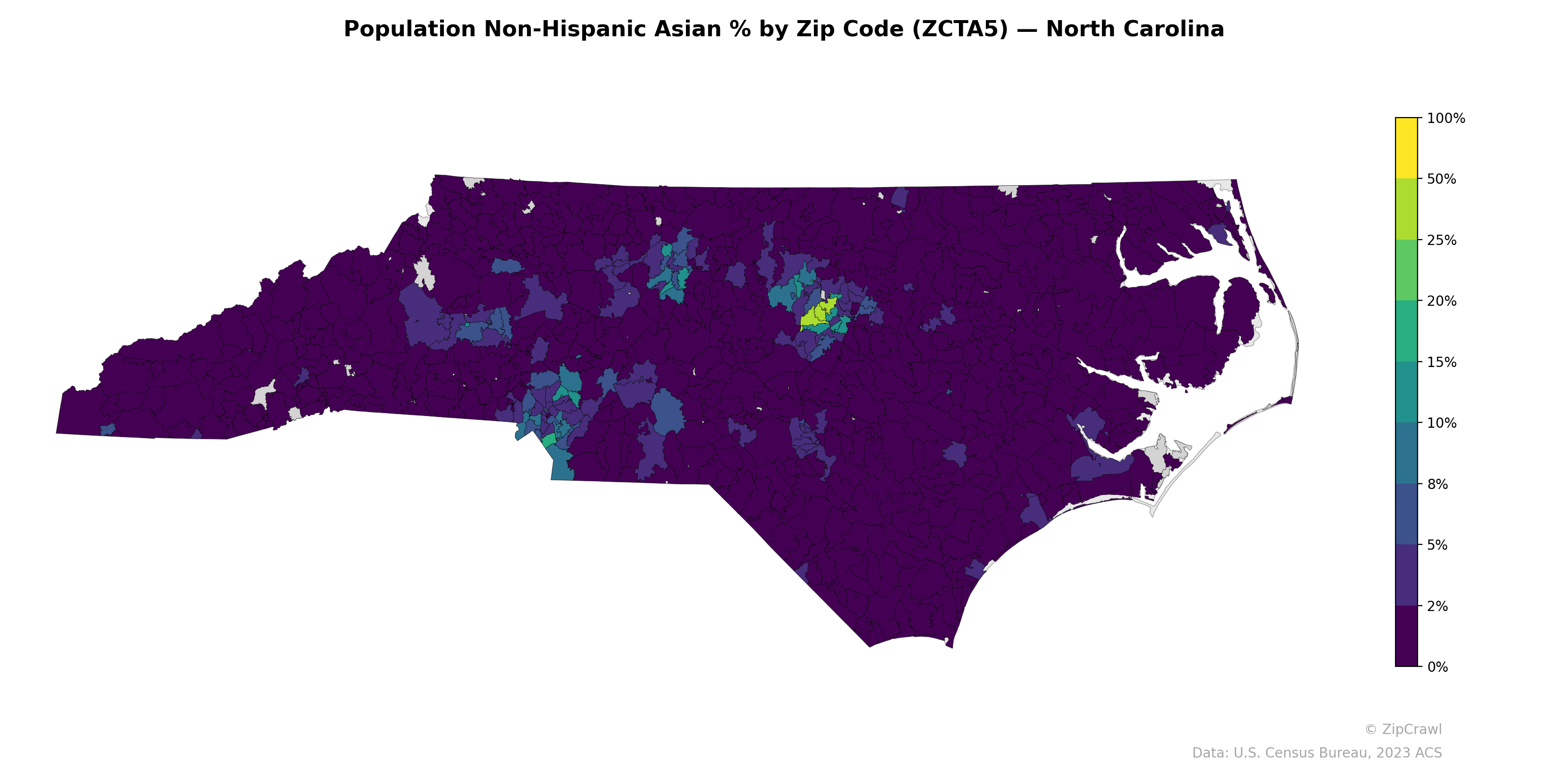 Population Non-Hispanic Asian % by Zip Code (ZCTA5) — North Carolina