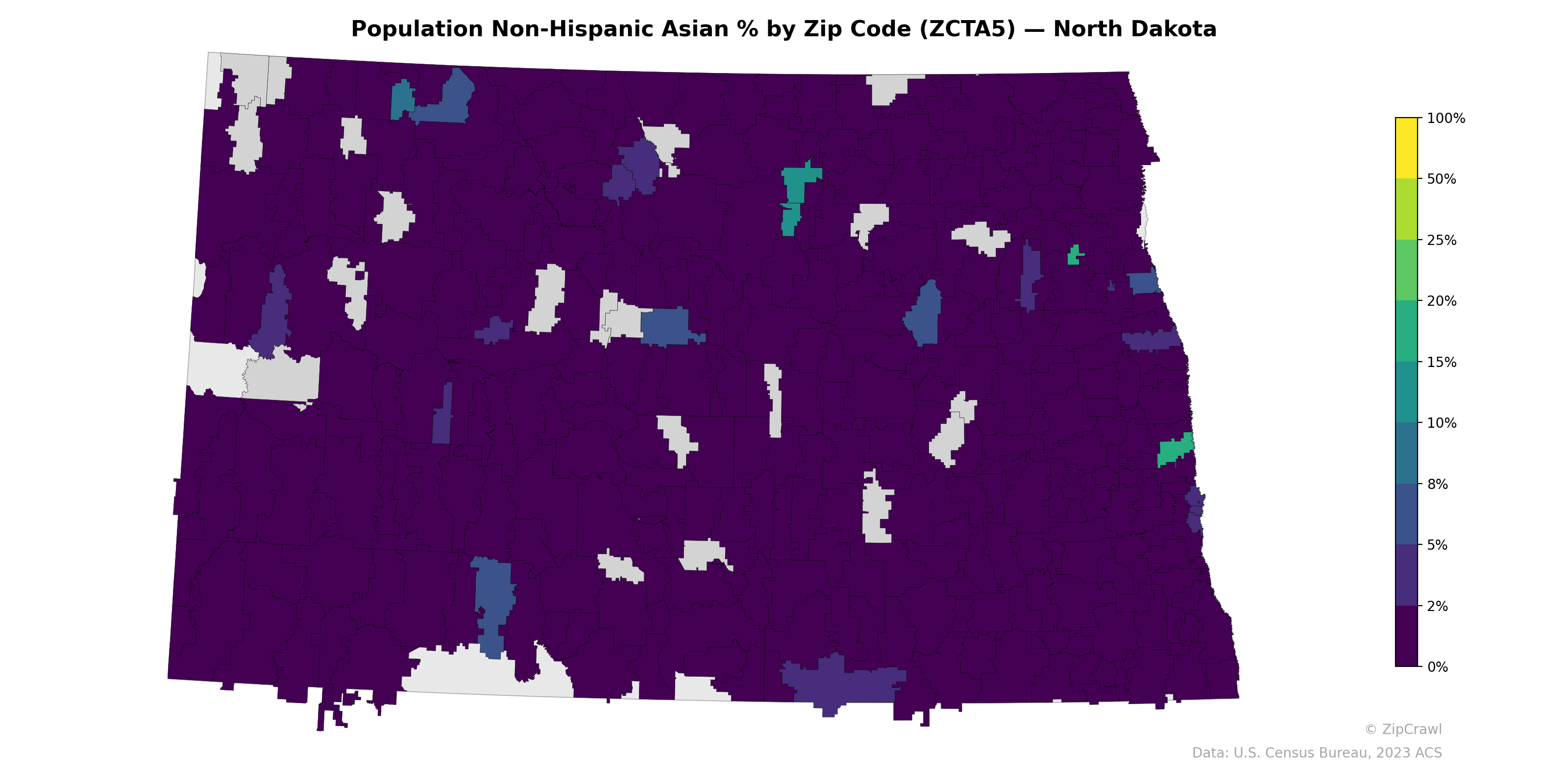 Population Non-Hispanic Asian % by Zip Code (ZCTA5) — North Dakota