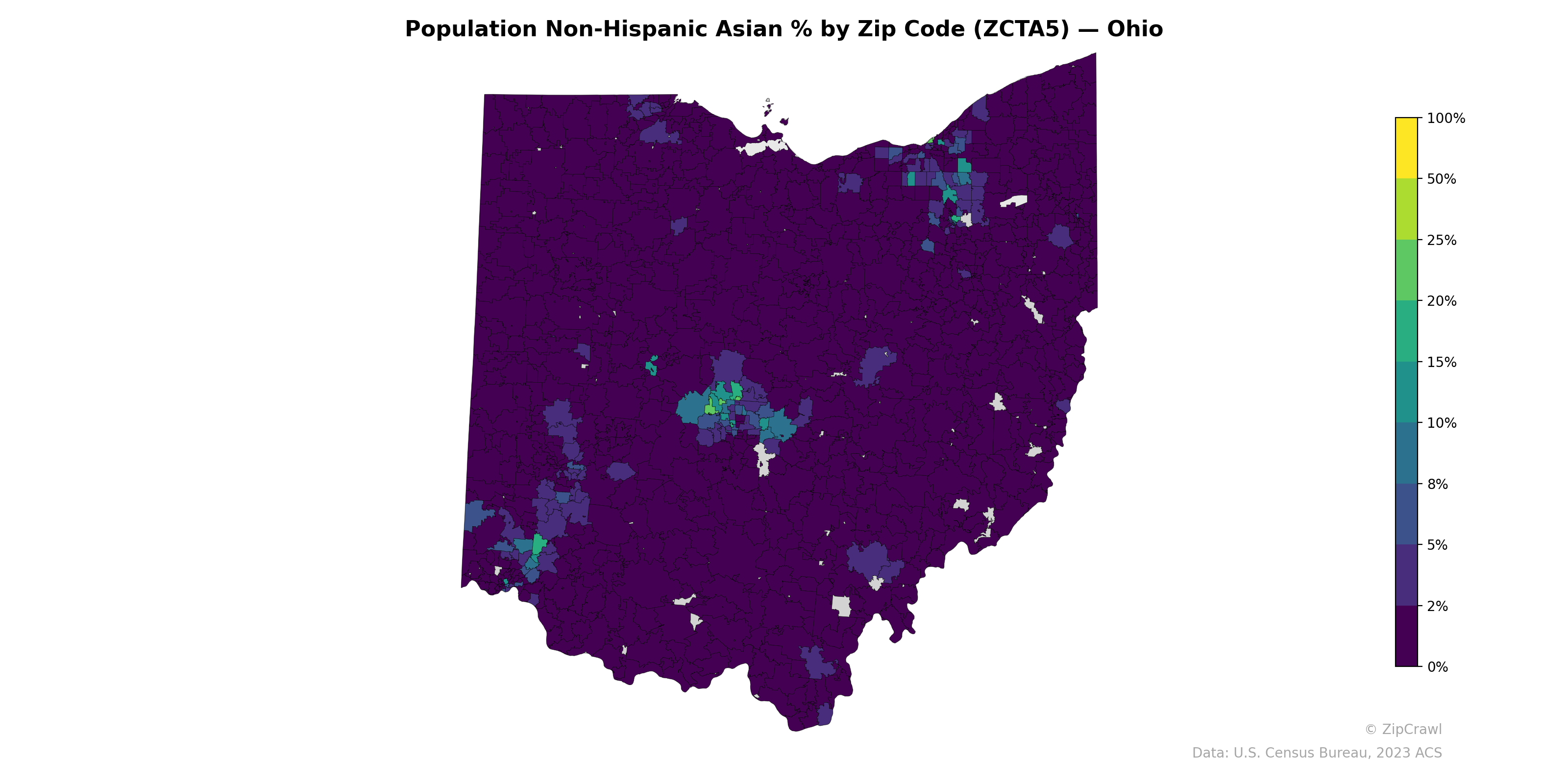 Population Non-Hispanic Asian % by Zip Code (ZCTA5) — Ohio