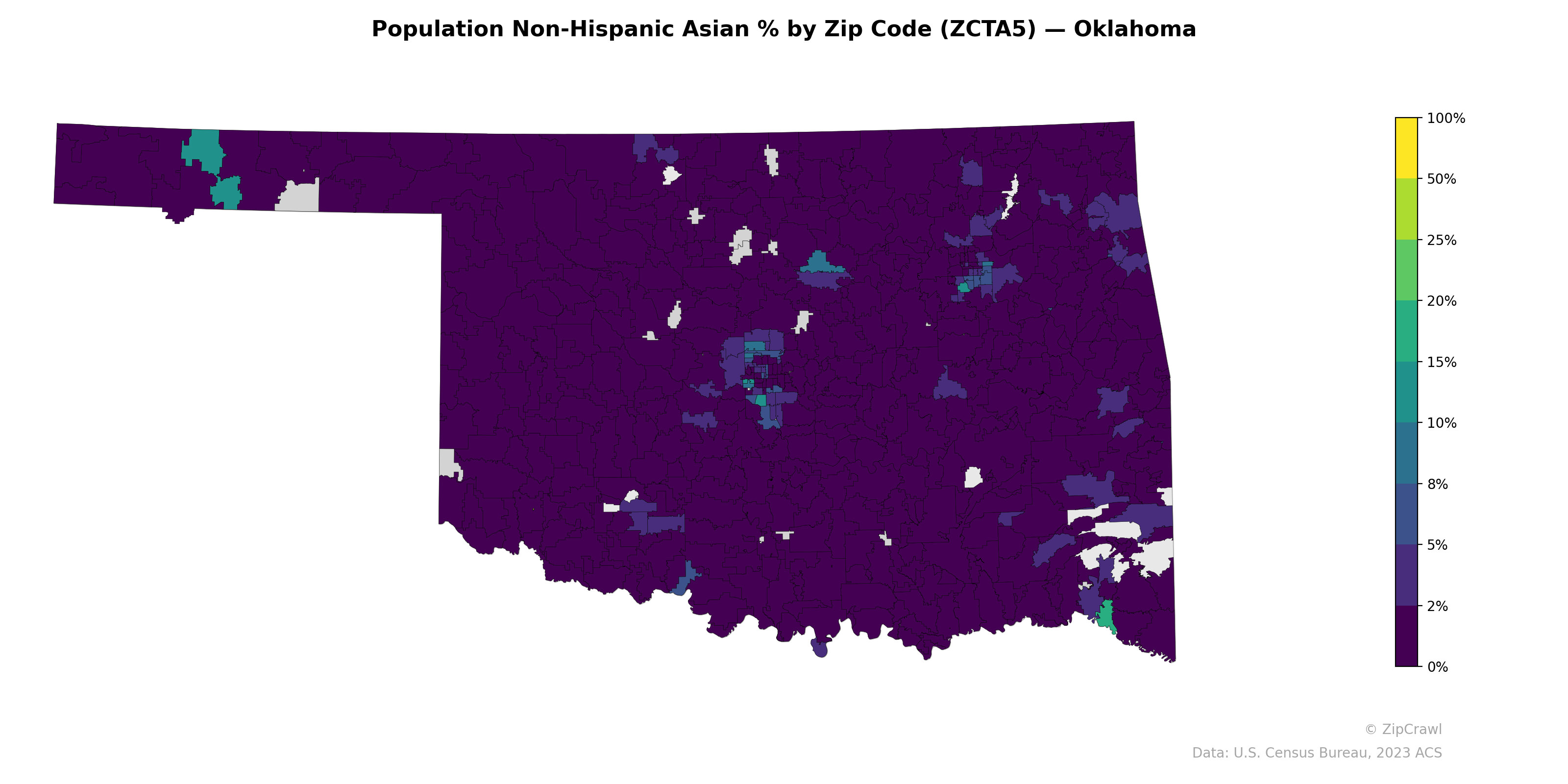 Population Non-Hispanic Asian % by Zip Code (ZCTA5) — Oklahoma
