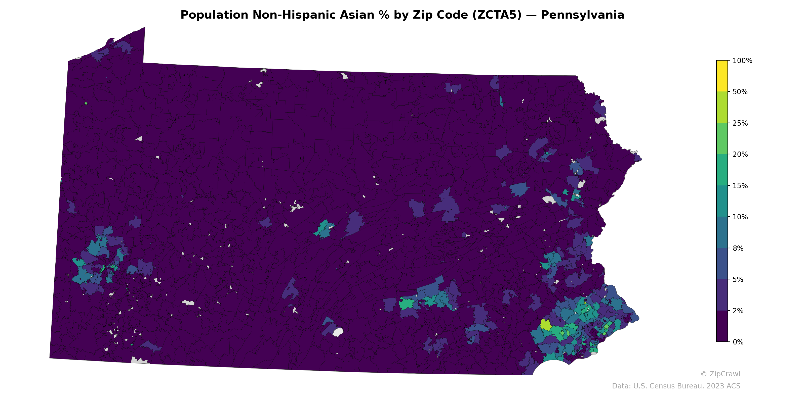 Population Non-Hispanic Asian % by Zip Code (ZCTA5) — Pennsylvania