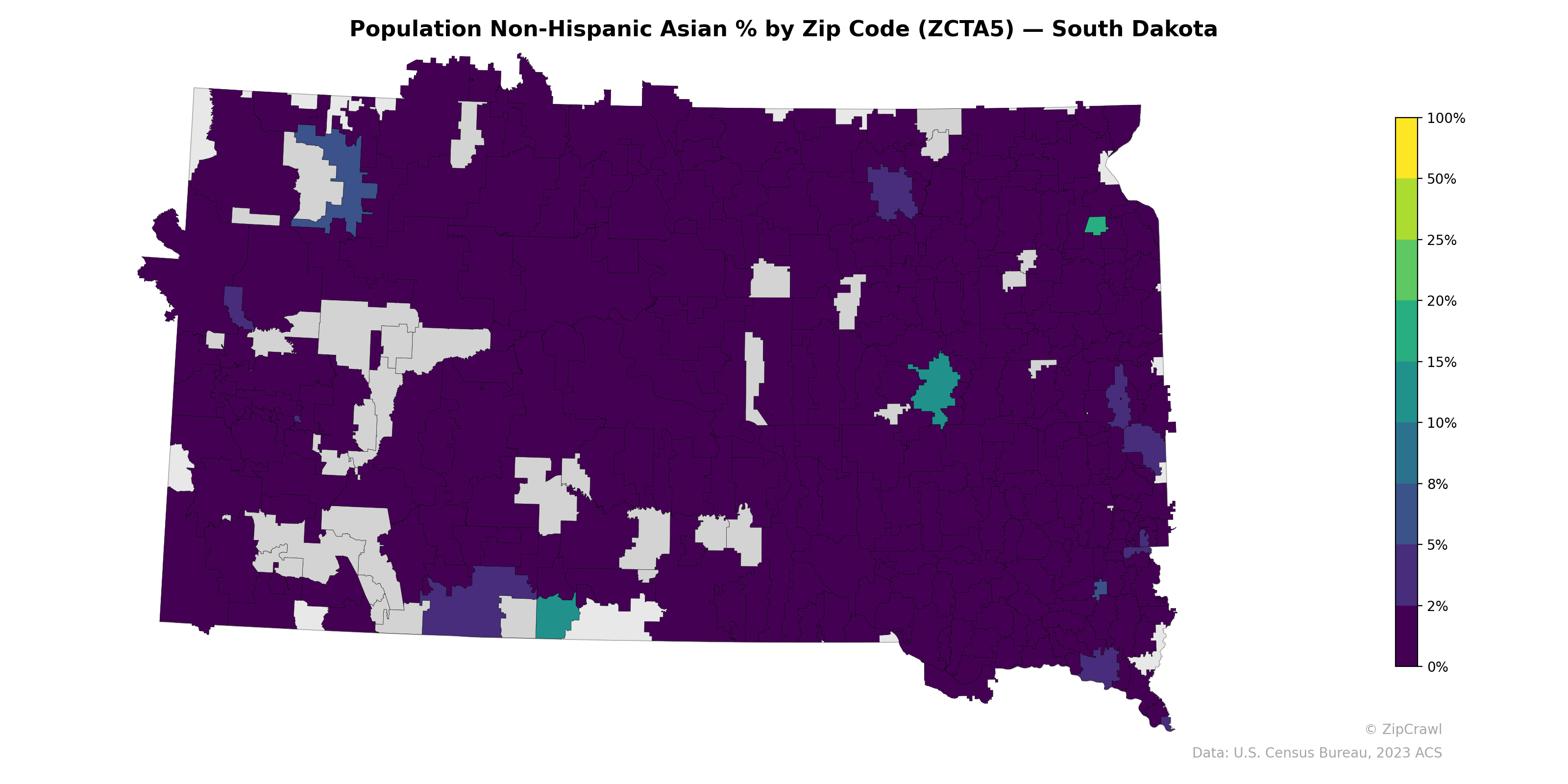 Population Non-Hispanic Asian % by Zip Code (ZCTA5) — South Dakota