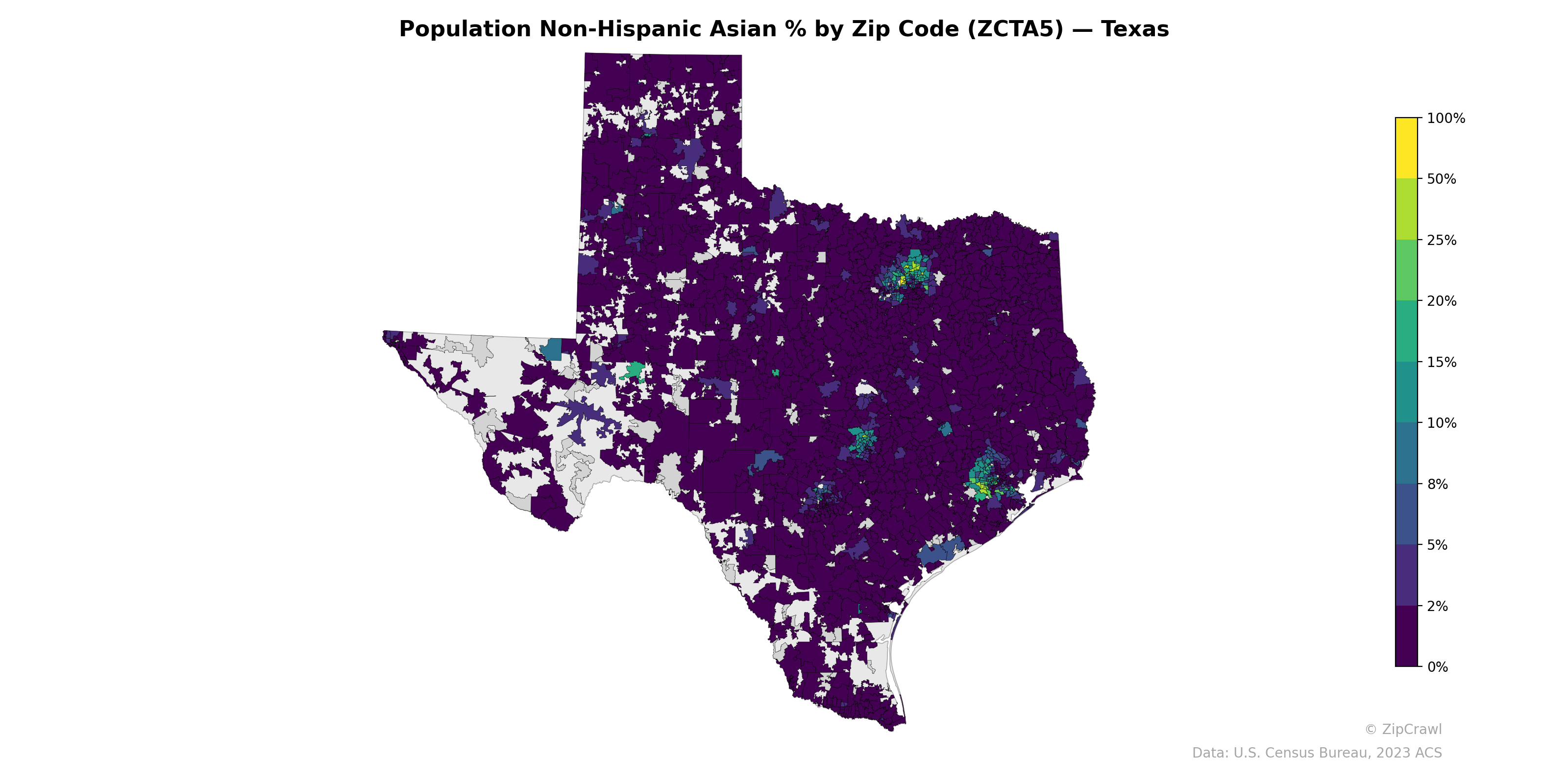 Population Non-Hispanic Asian % by Zip Code (ZCTA5) — Texas