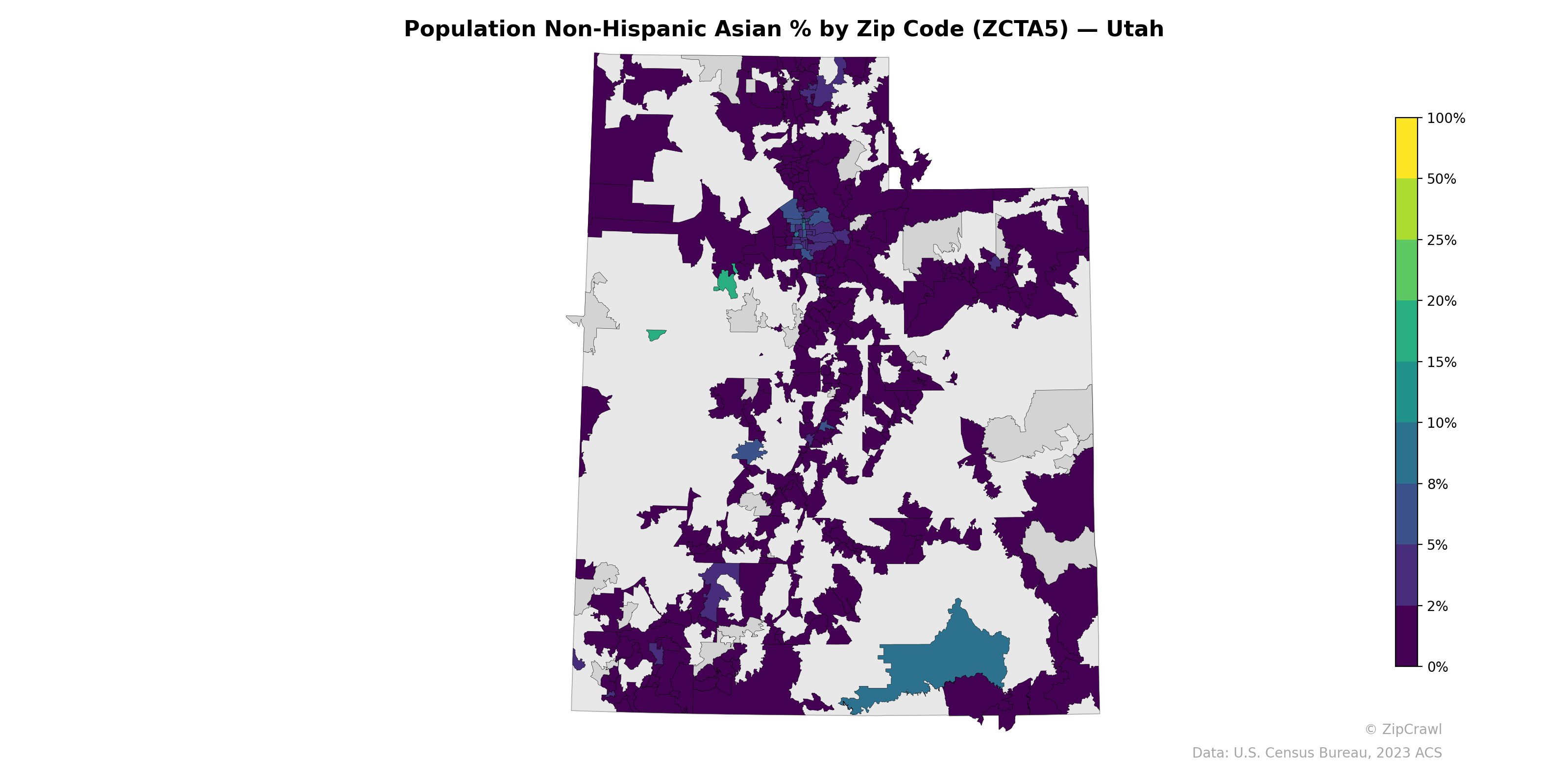 Population Non-Hispanic Asian % by Zip Code (ZCTA5) — Utah
