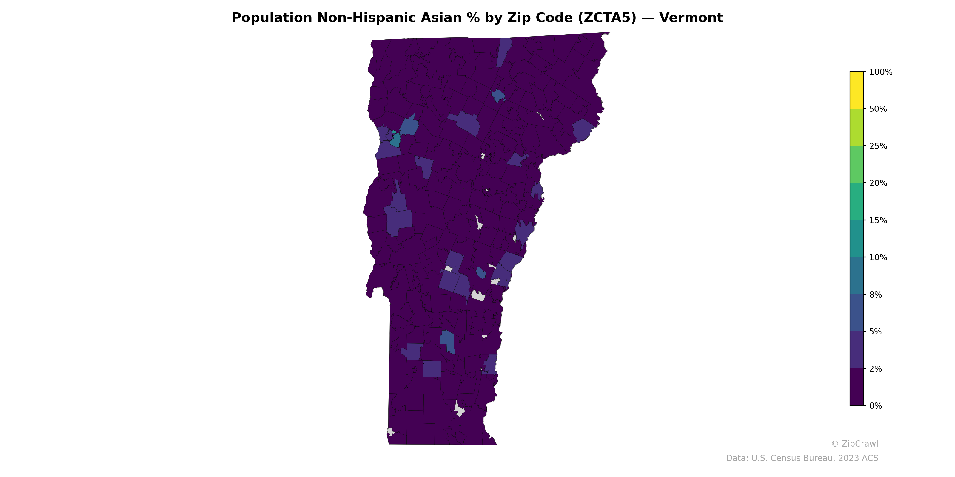 Population Non-Hispanic Asian % by Zip Code (ZCTA5) — Vermont