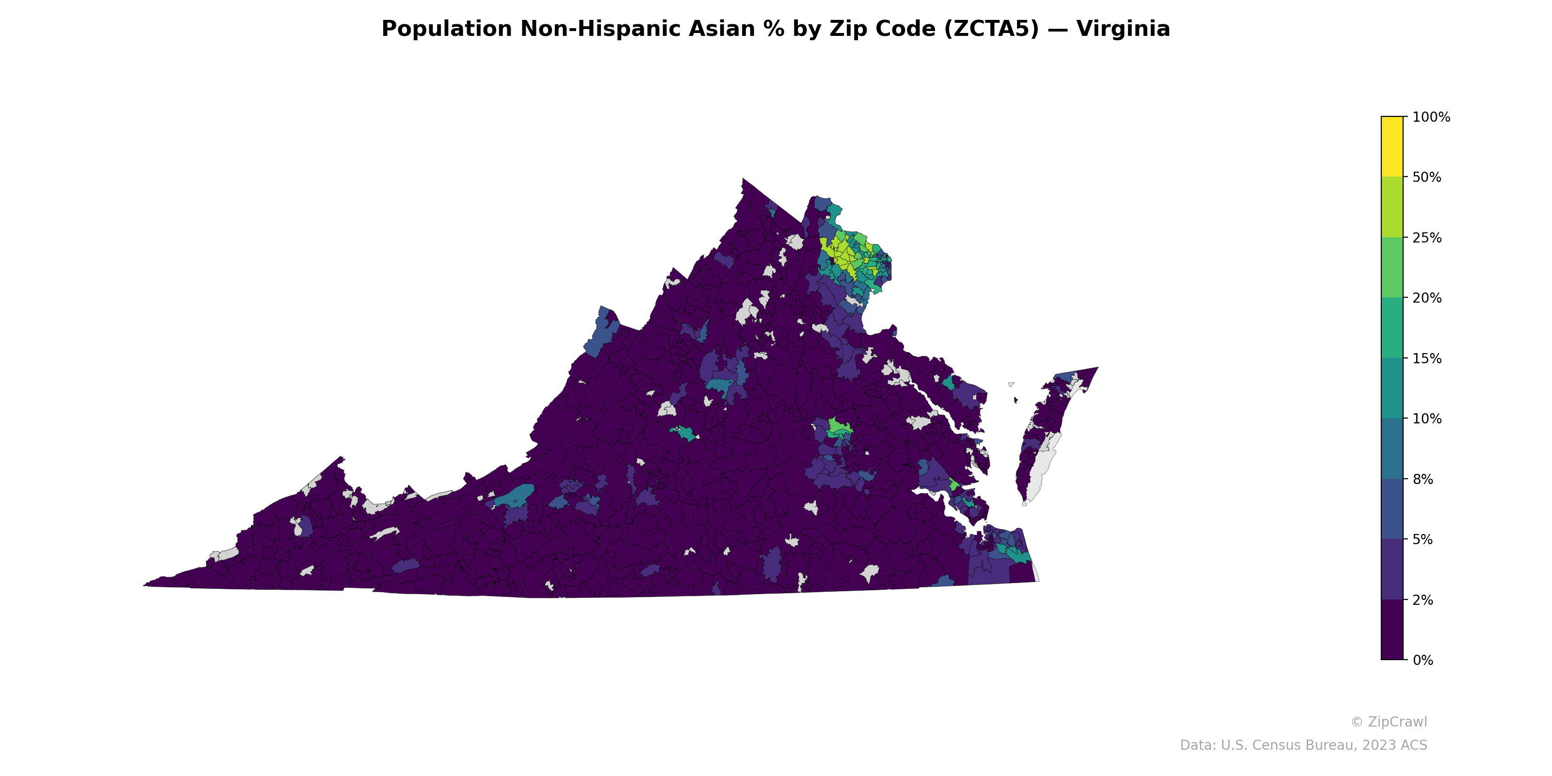 Population Non-Hispanic Asian % by Zip Code (ZCTA5) — Virginia
