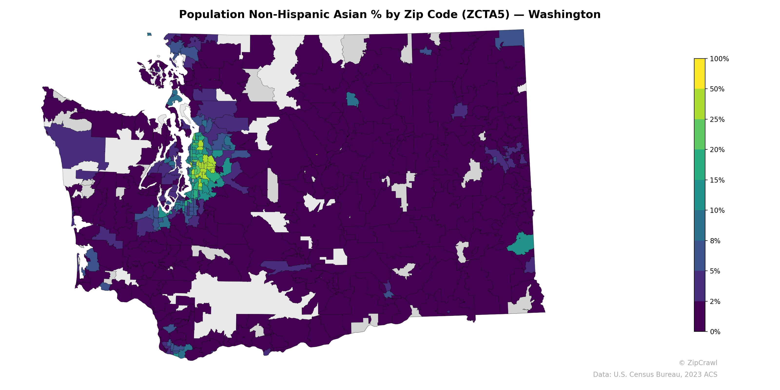 Population Non-Hispanic Asian % by Zip Code (ZCTA5) — Washington