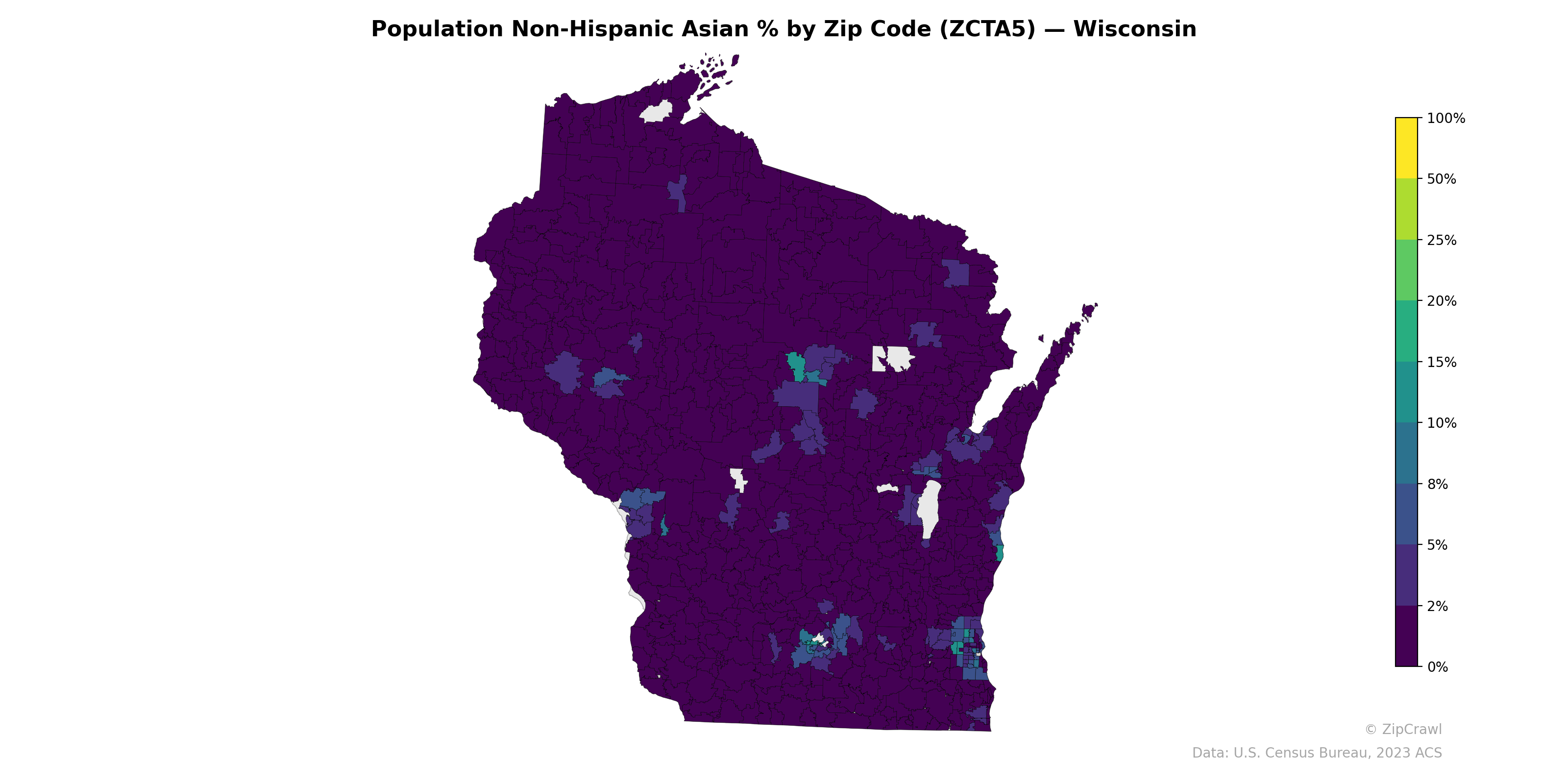 Population Non-Hispanic Asian % by Zip Code (ZCTA5) — Wisconsin
