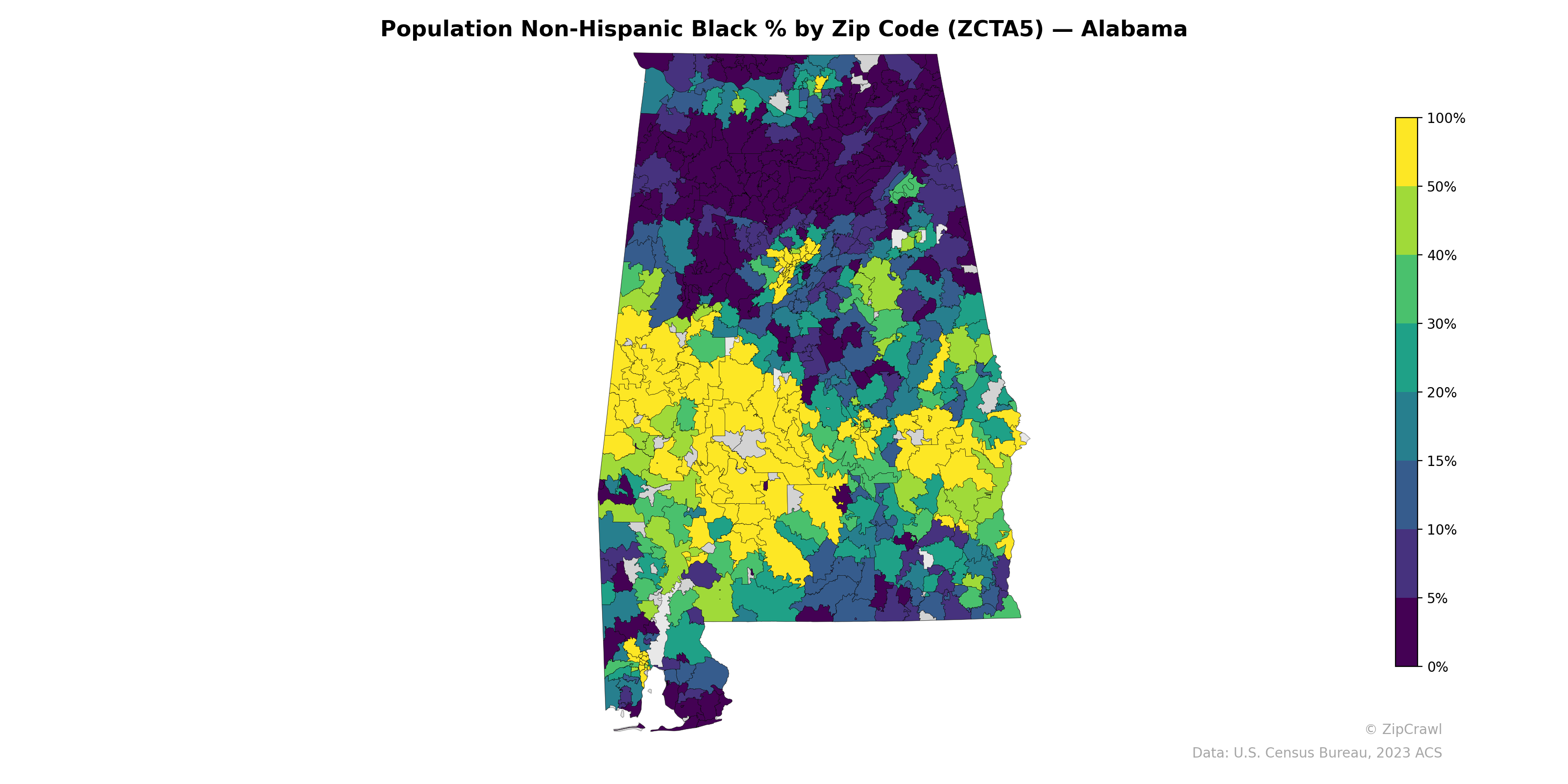 Population Non-Hispanic Black % by Zip Code (ZCTA5) — Alabama