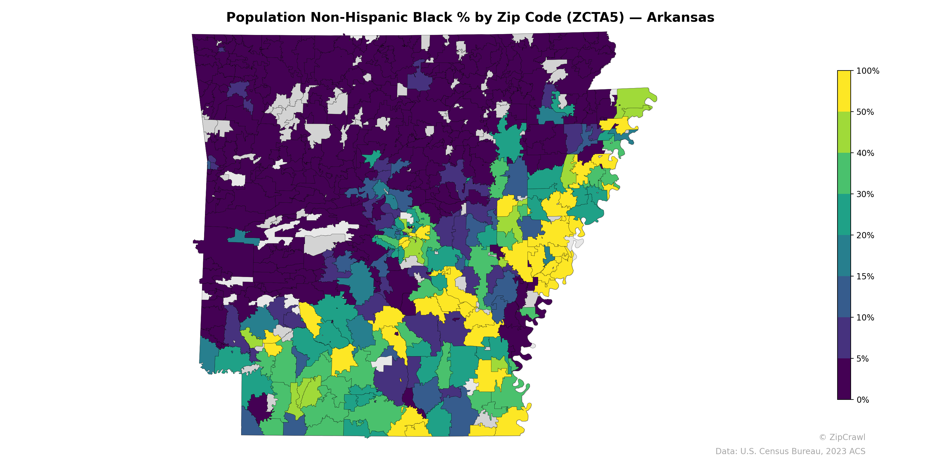 Population Non-Hispanic Black % by Zip Code (ZCTA5) — Arkansas