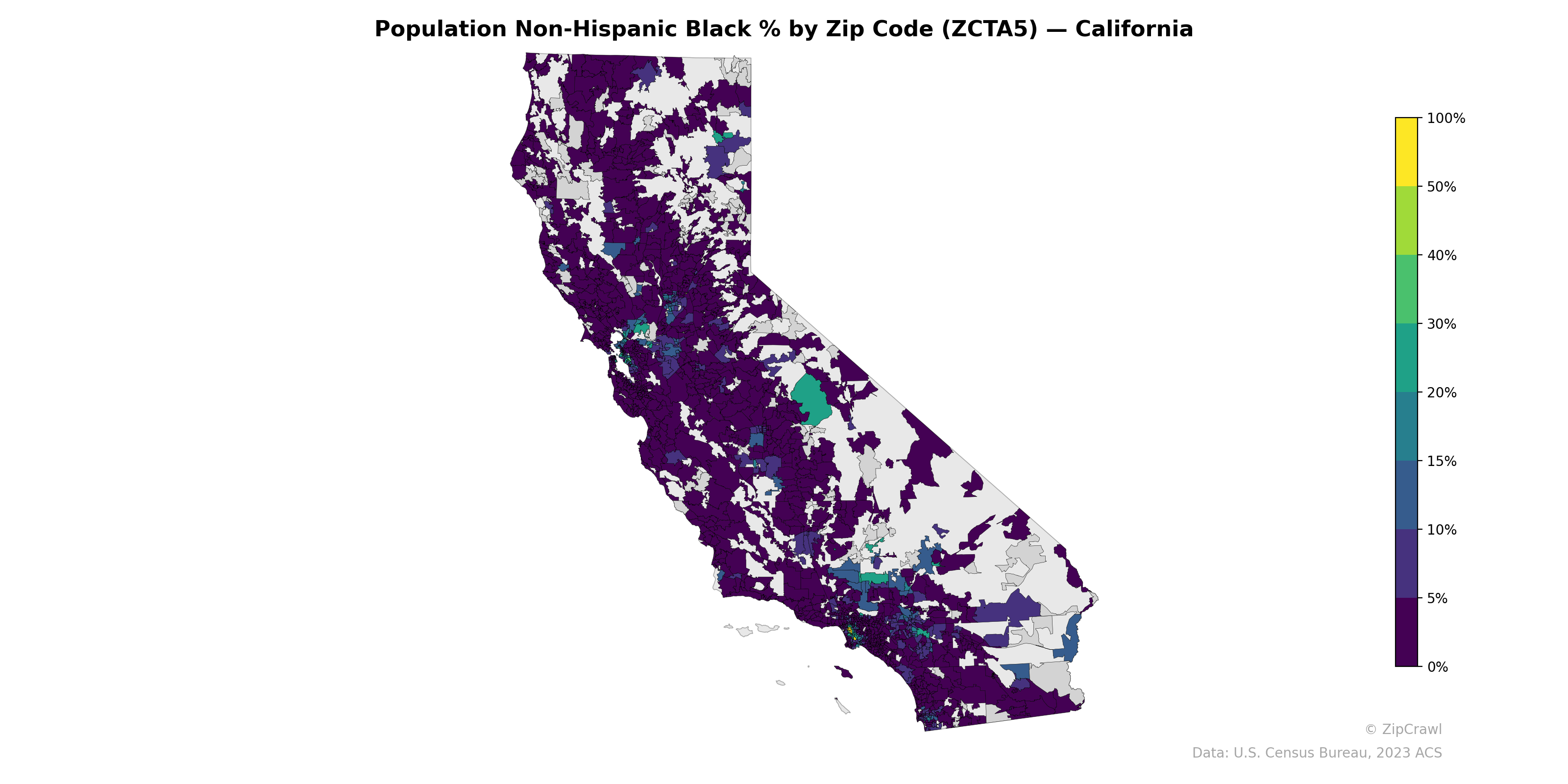 Population Non-Hispanic Black % by Zip Code (ZCTA5) — California