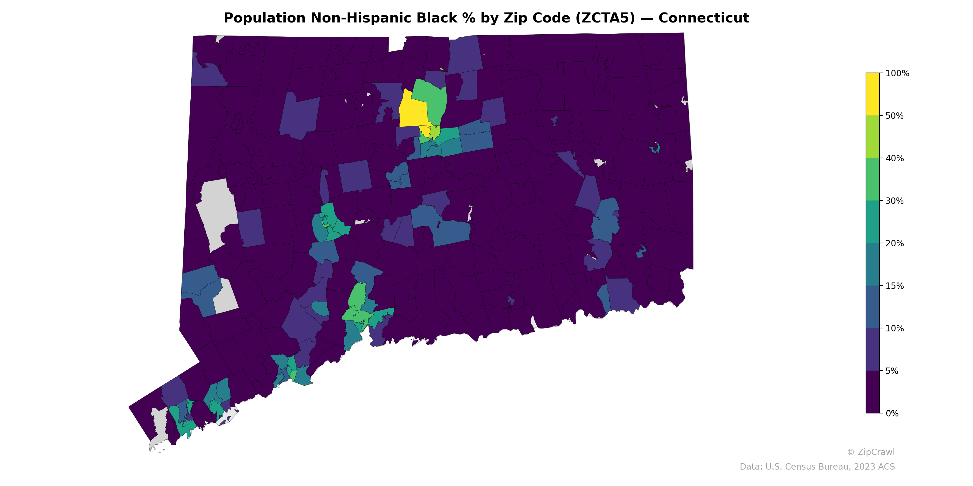 Population Non-Hispanic Black % by Zip Code (ZCTA5) — Connecticut