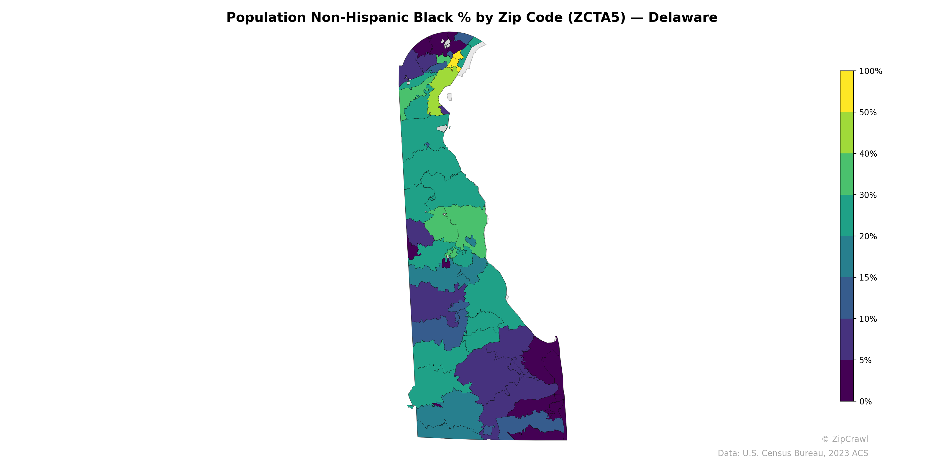 Population Non-Hispanic Black % by Zip Code (ZCTA5) — Delaware