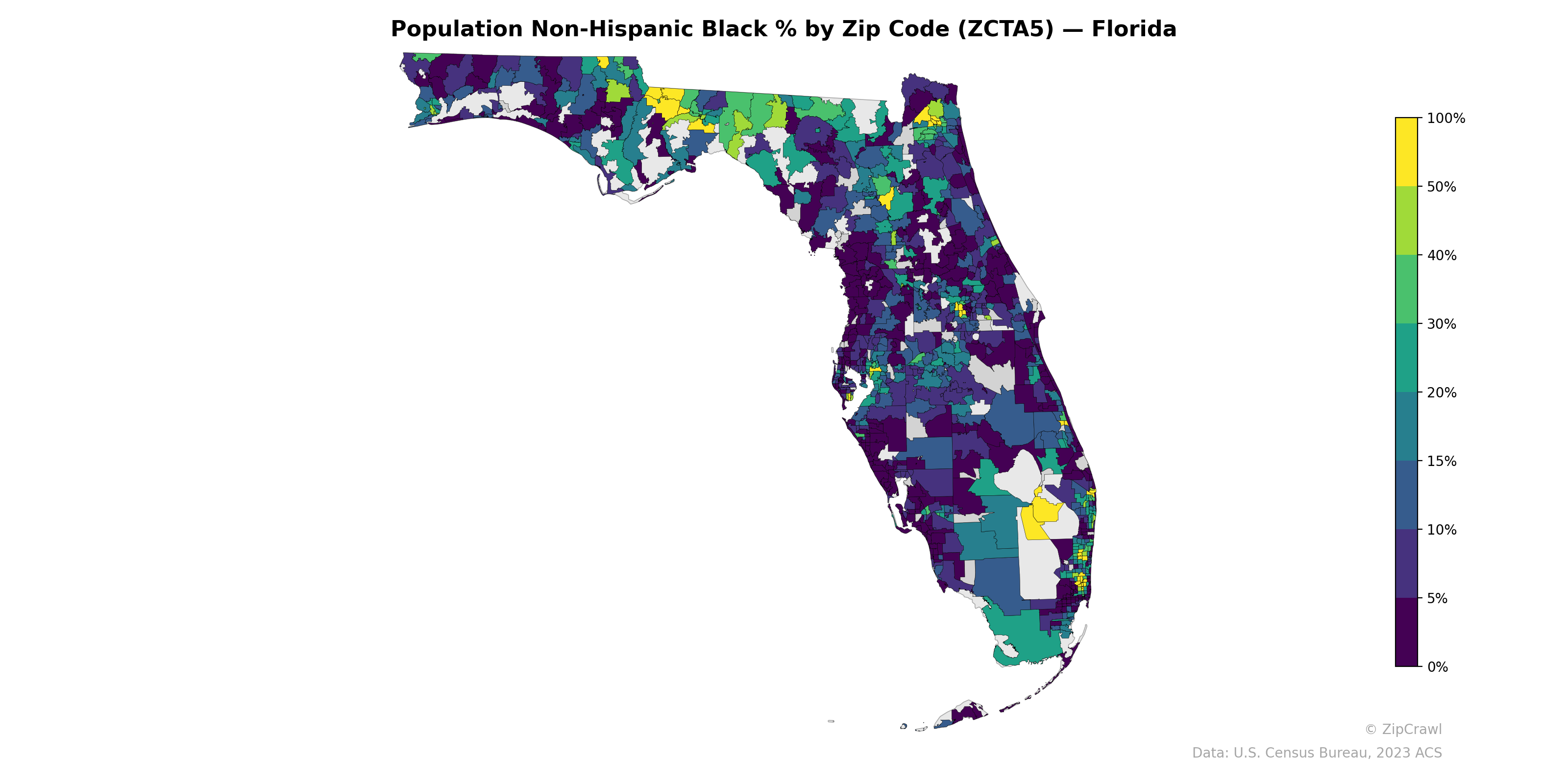 Population Non-Hispanic Black % by Zip Code (ZCTA5) — Florida