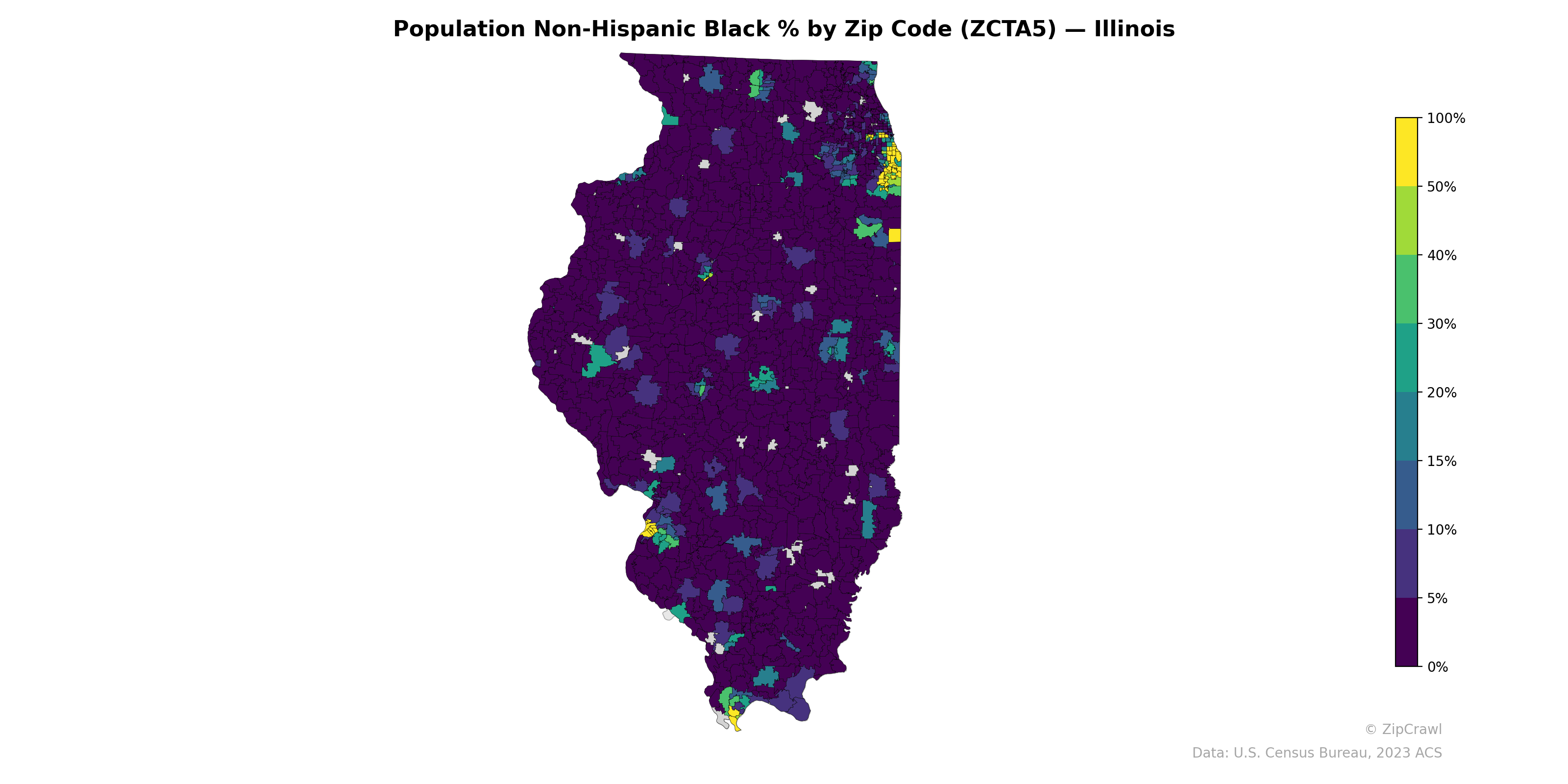 Population Non-Hispanic Black % by Zip Code (ZCTA5) — Illinois