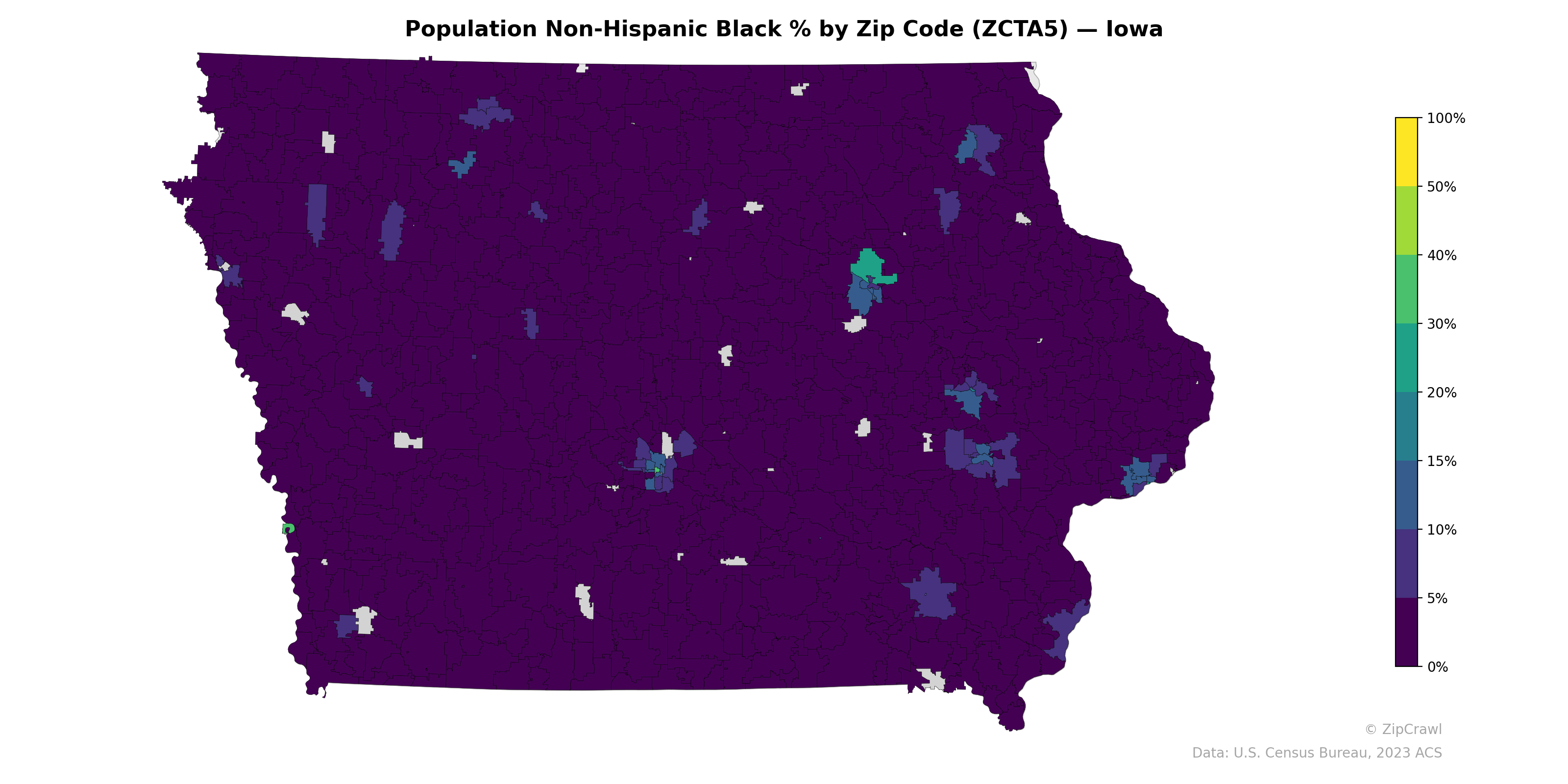Population Non-Hispanic Black % by Zip Code (ZCTA5) — Iowa