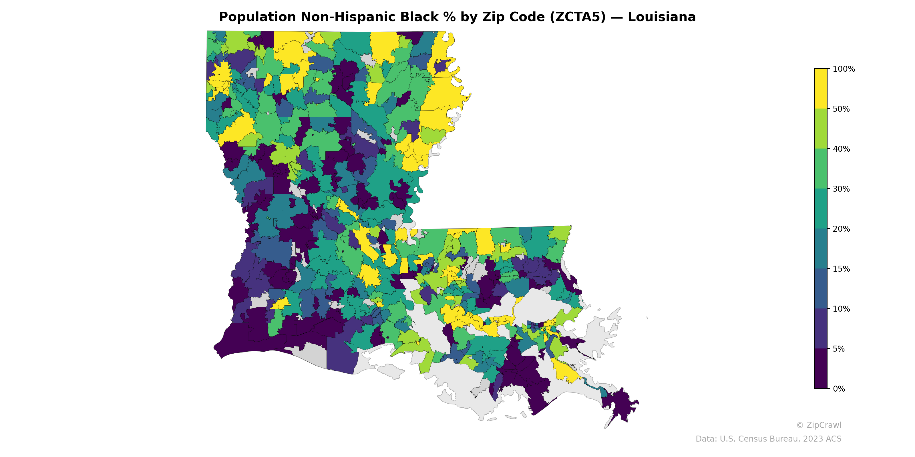 Population Non-Hispanic Black % by Zip Code (ZCTA5) — Louisiana