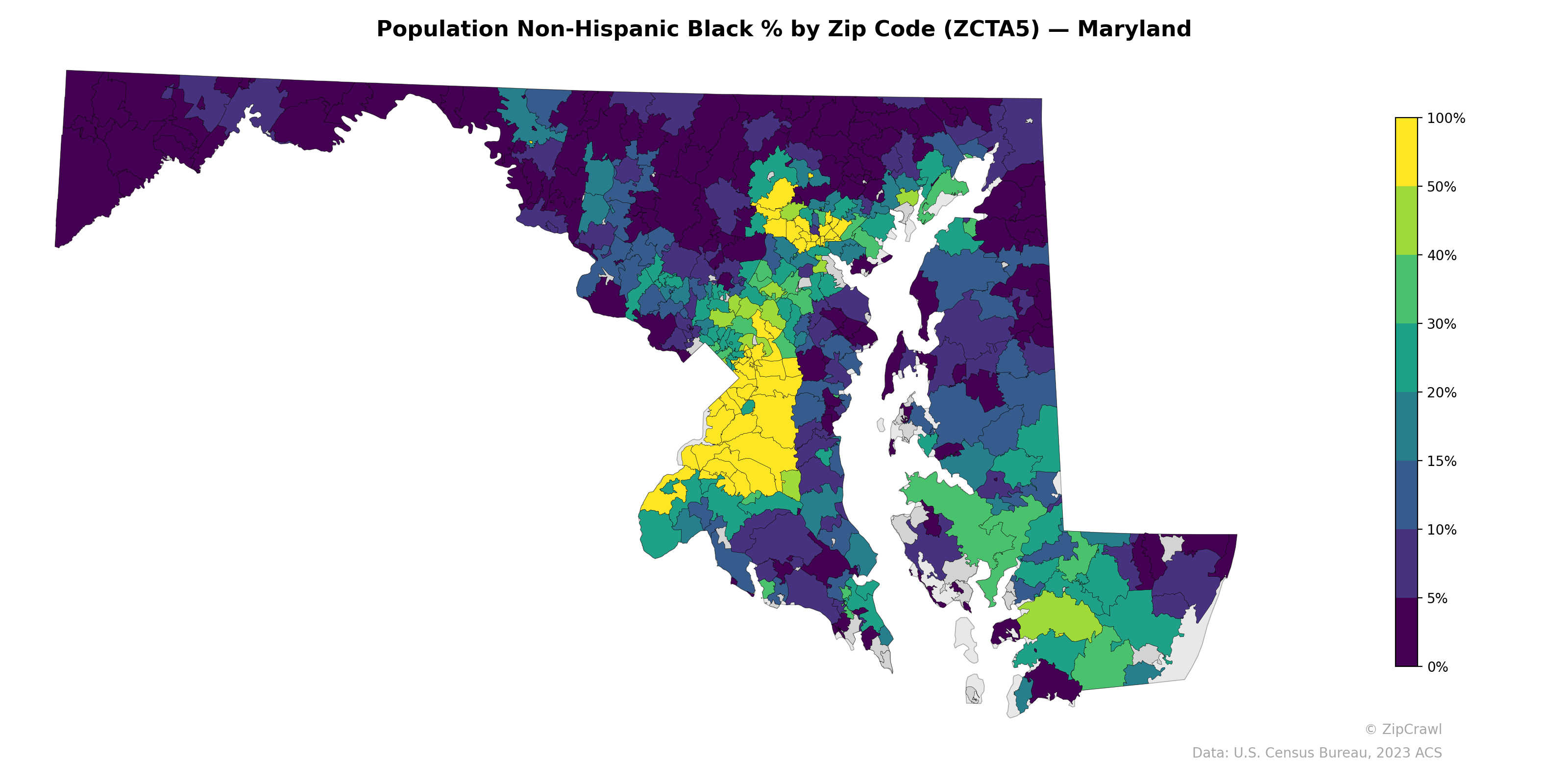 Population Non-Hispanic Black % by Zip Code (ZCTA5) — Maryland