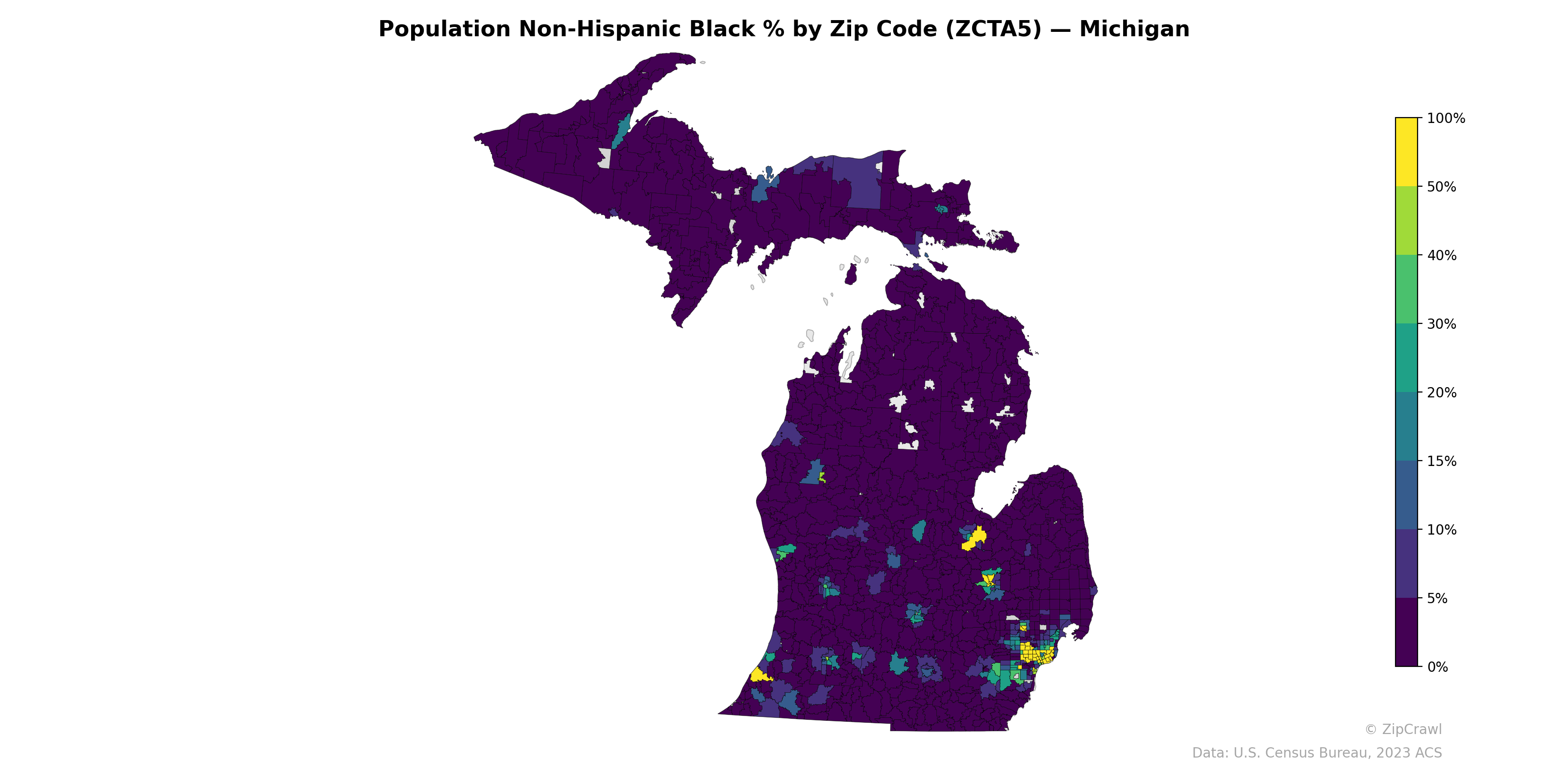 Population Non-Hispanic Black % by Zip Code (ZCTA5) — Michigan