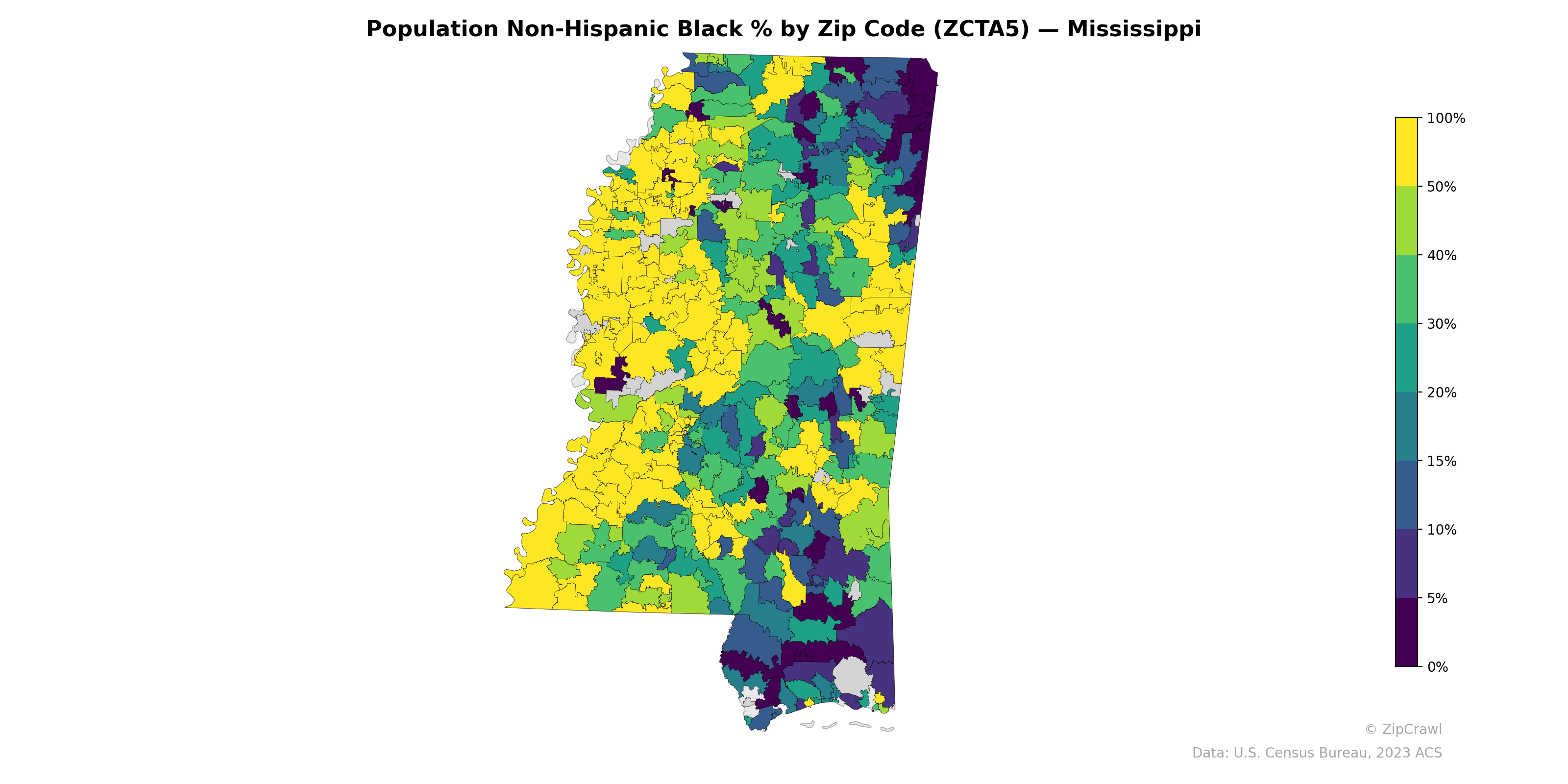 Population Non-Hispanic Black % by Zip Code (ZCTA5) — Mississippi