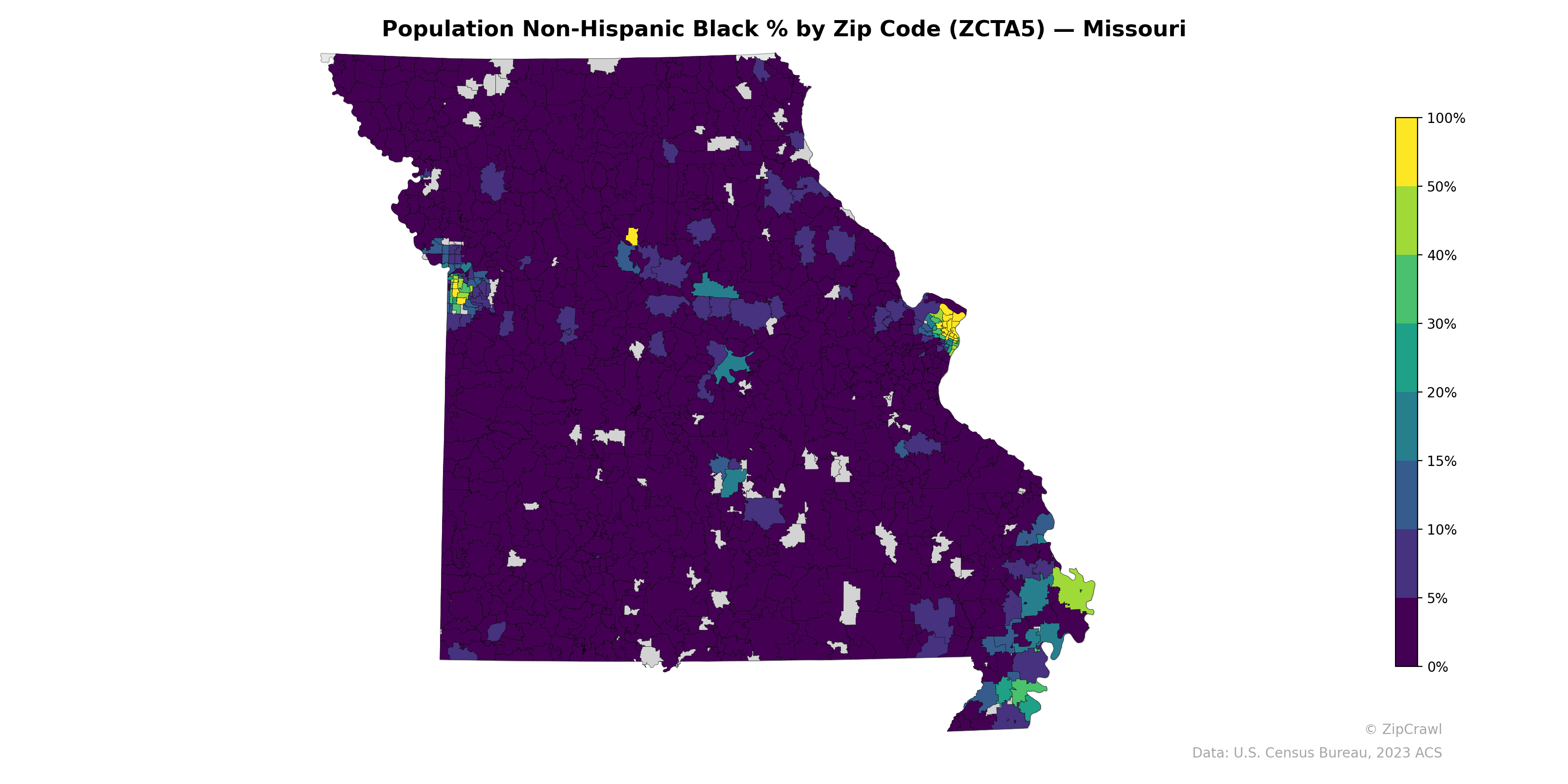 Population Non-Hispanic Black % by Zip Code (ZCTA5) — Missouri