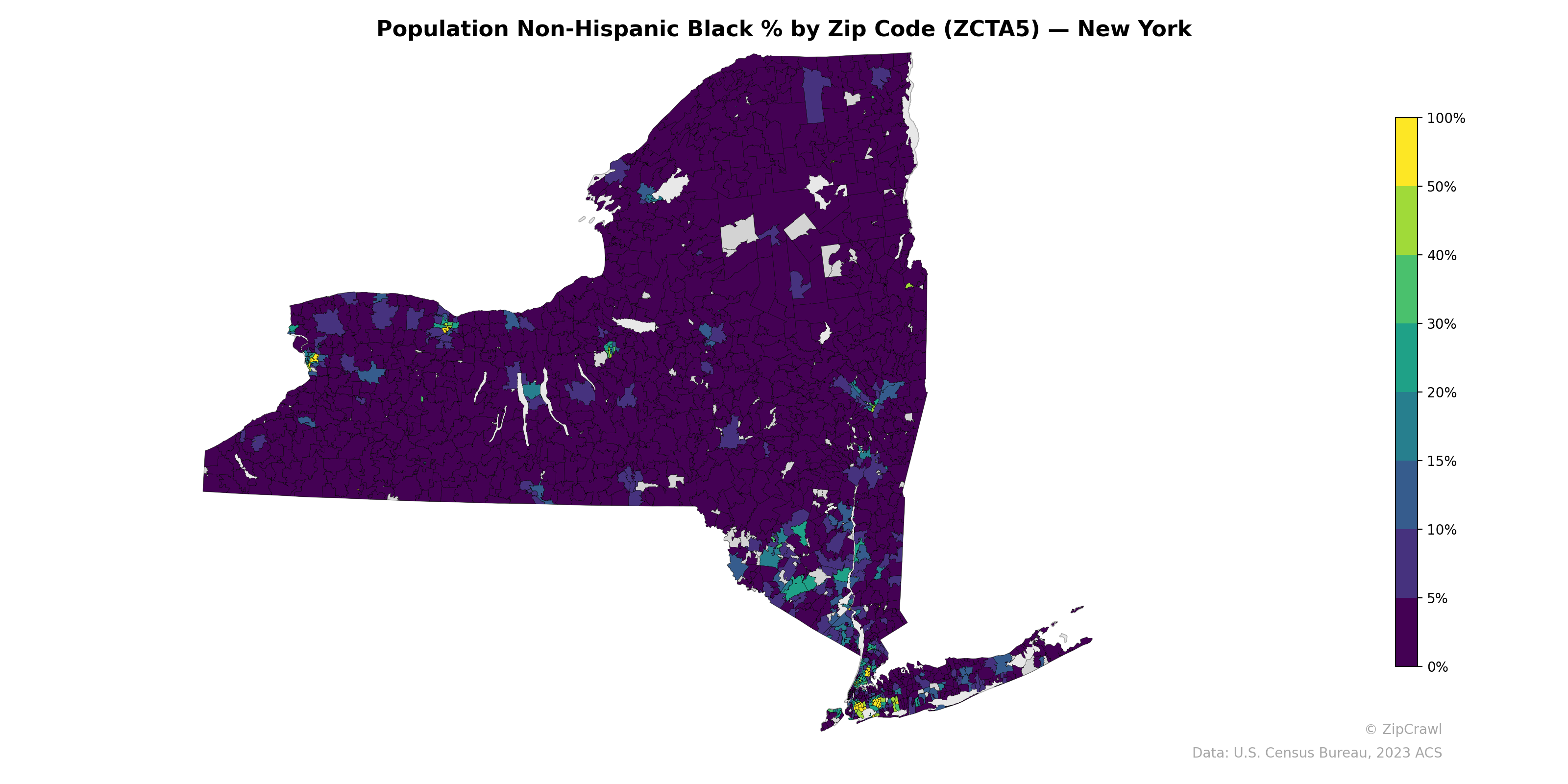 Population Non-Hispanic Black % by Zip Code (ZCTA5) — New York