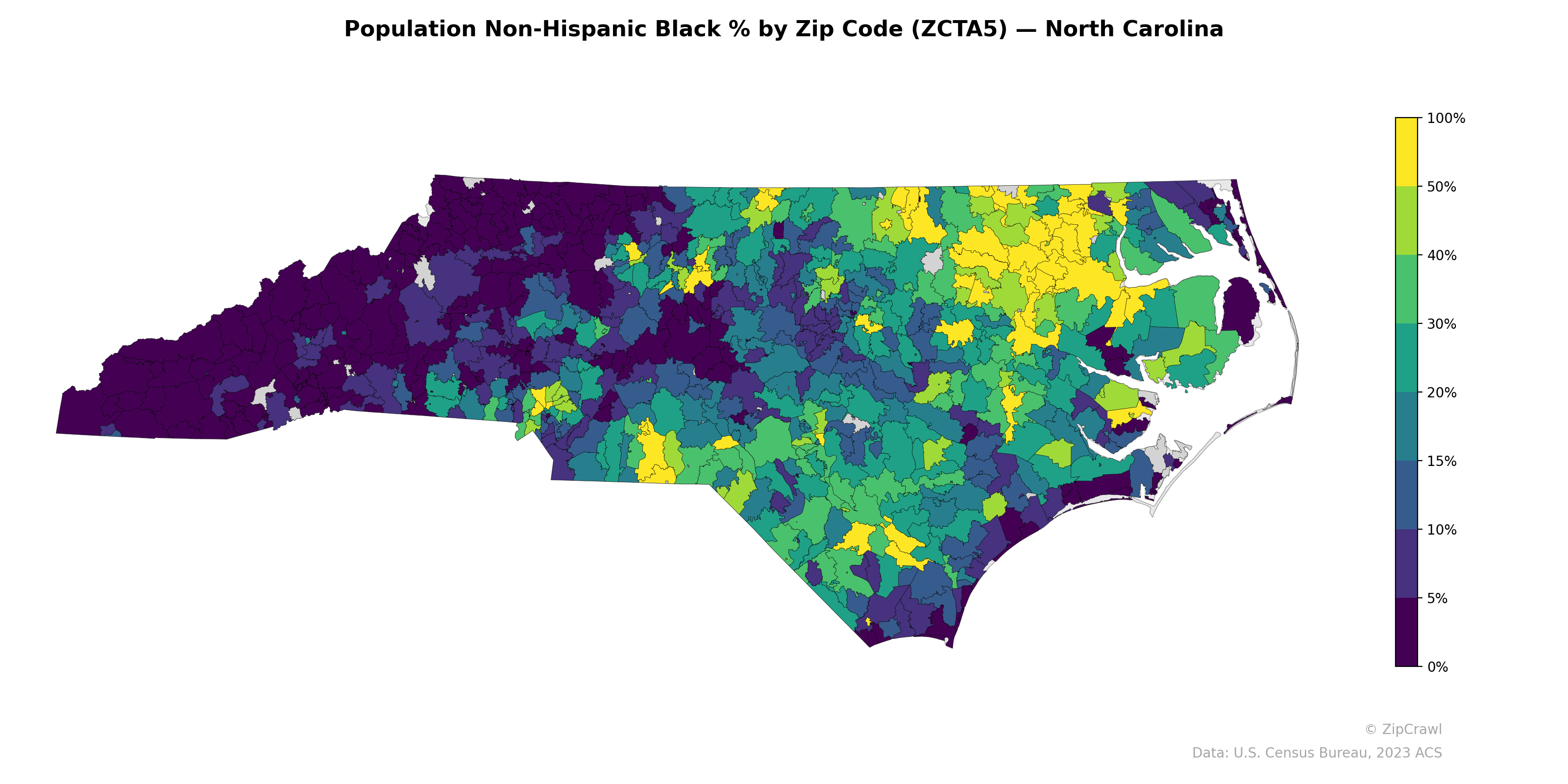 Population Non-Hispanic Black % by Zip Code (ZCTA5) — North Carolina