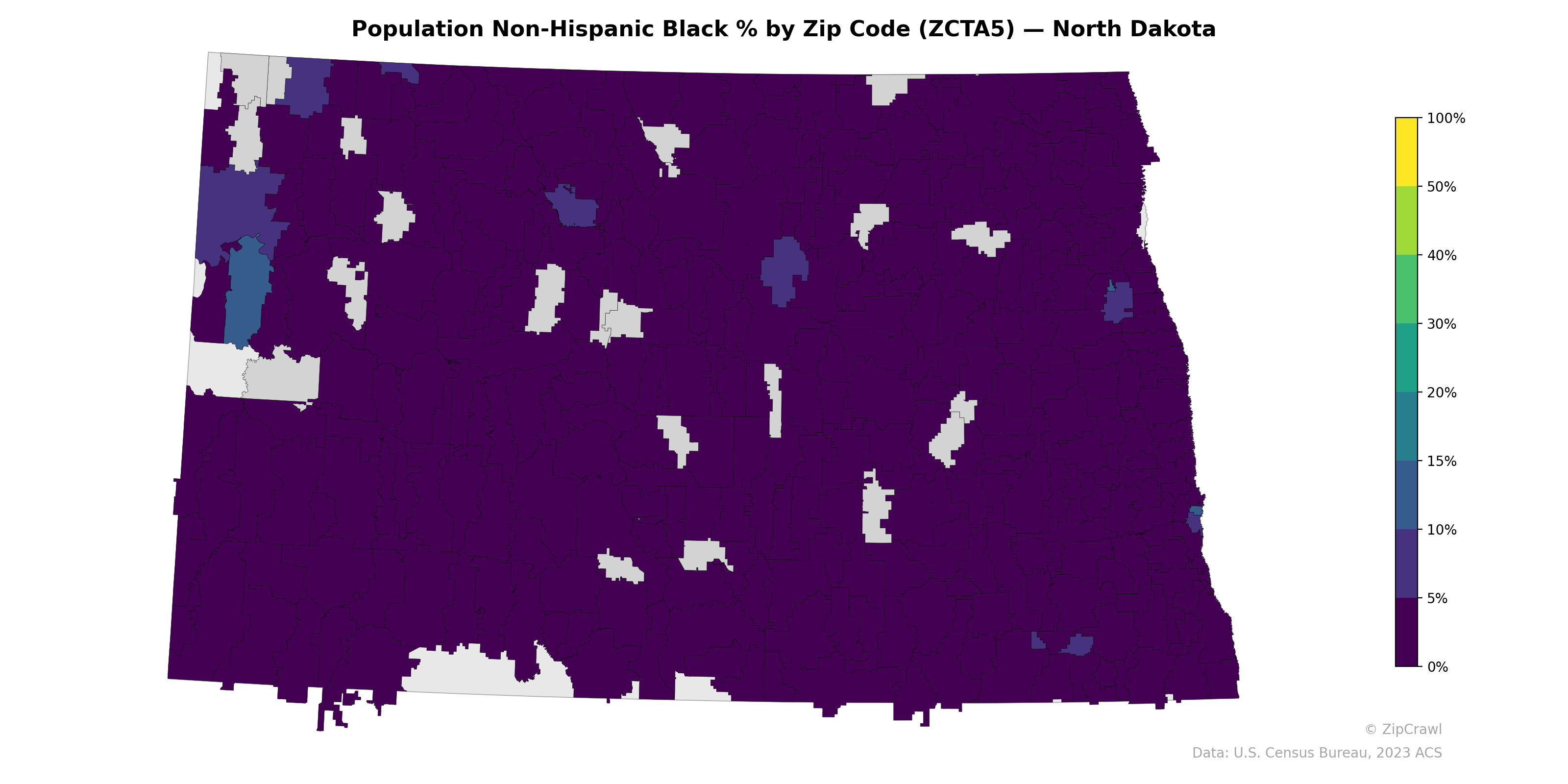 Population Non-Hispanic Black % by Zip Code (ZCTA5) — North Dakota