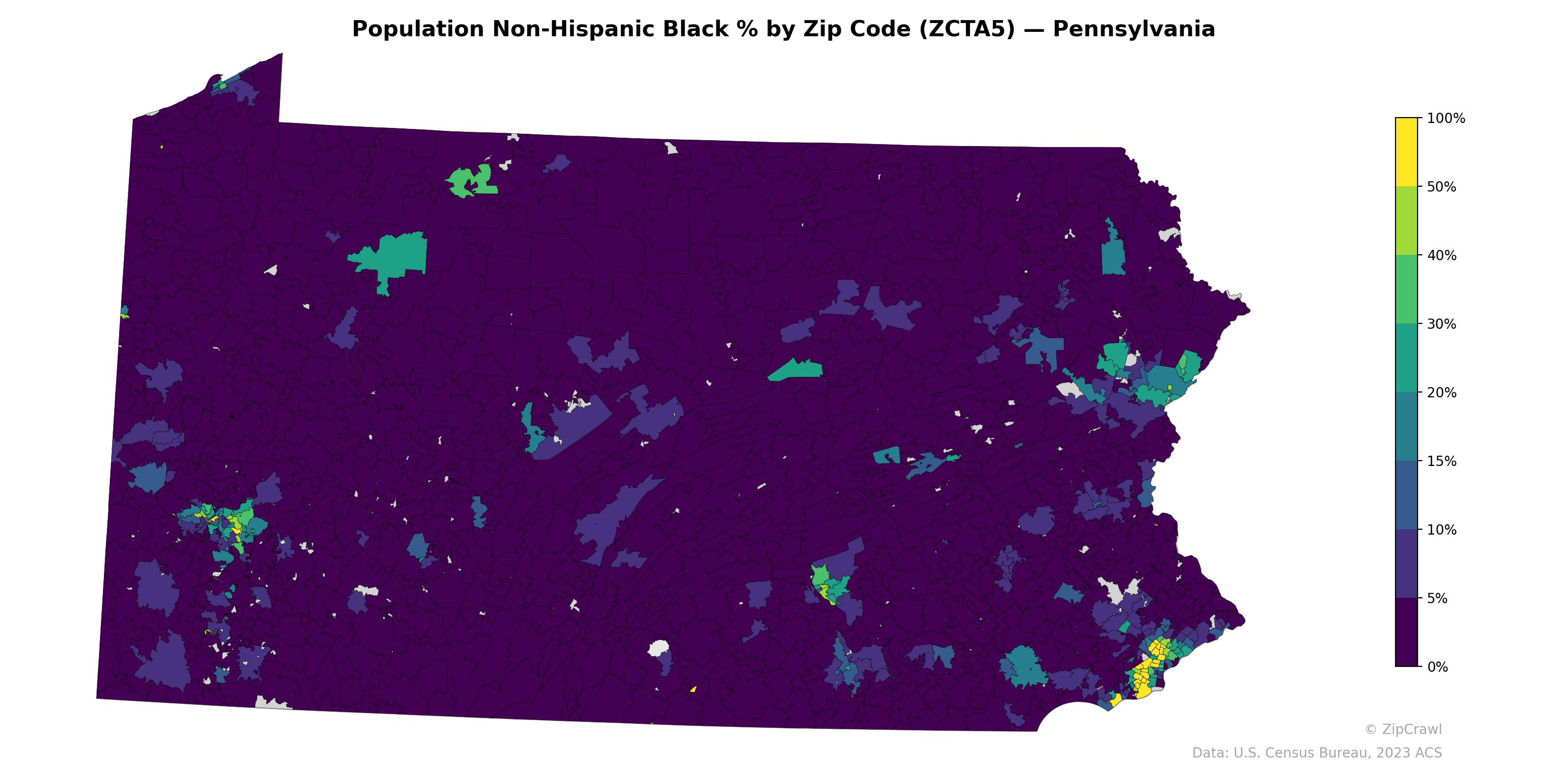 Population Non-Hispanic Black % by Zip Code (ZCTA5) — Pennsylvania