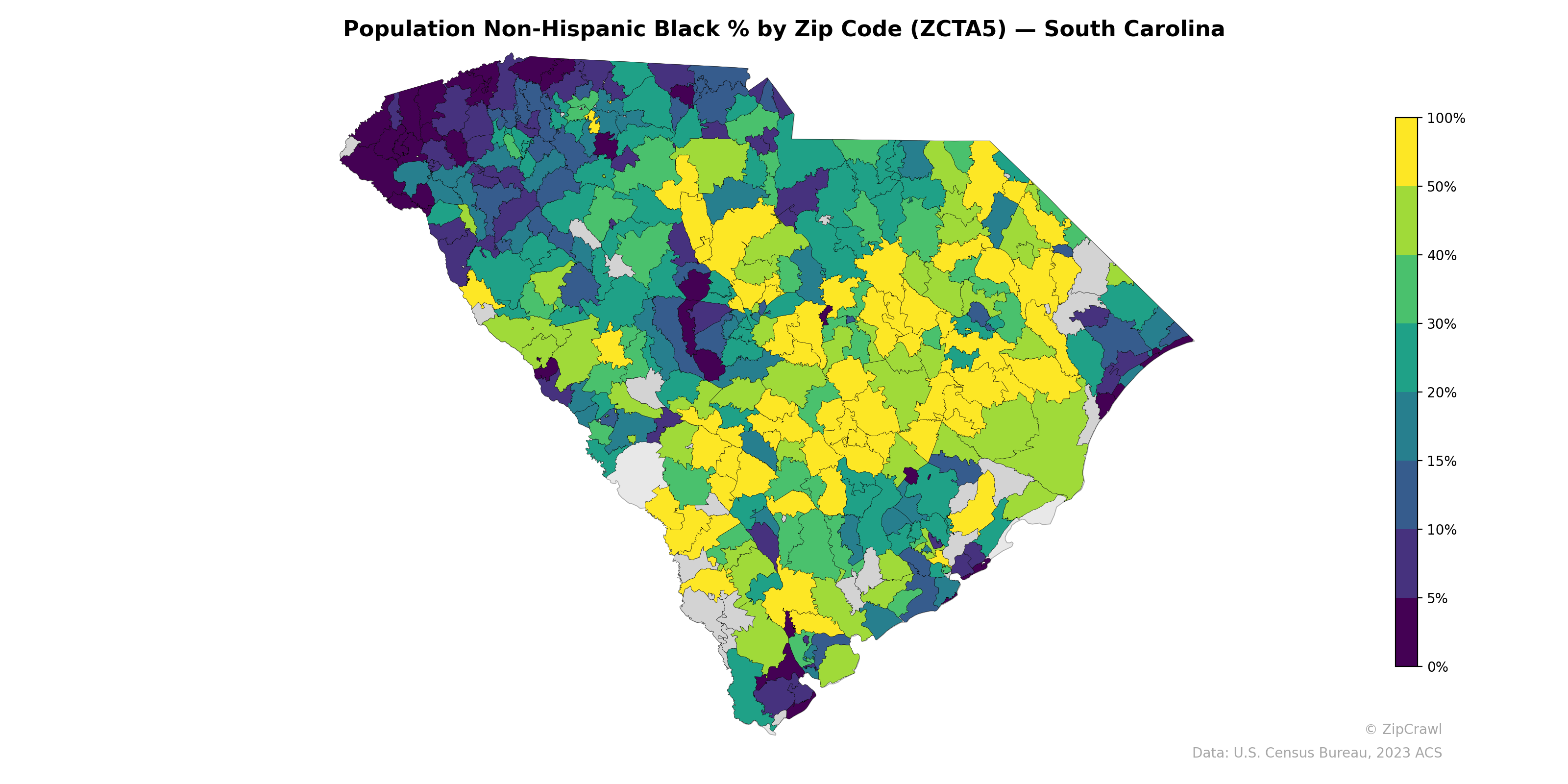 Population Non-Hispanic Black % by Zip Code (ZCTA5) — South Carolina