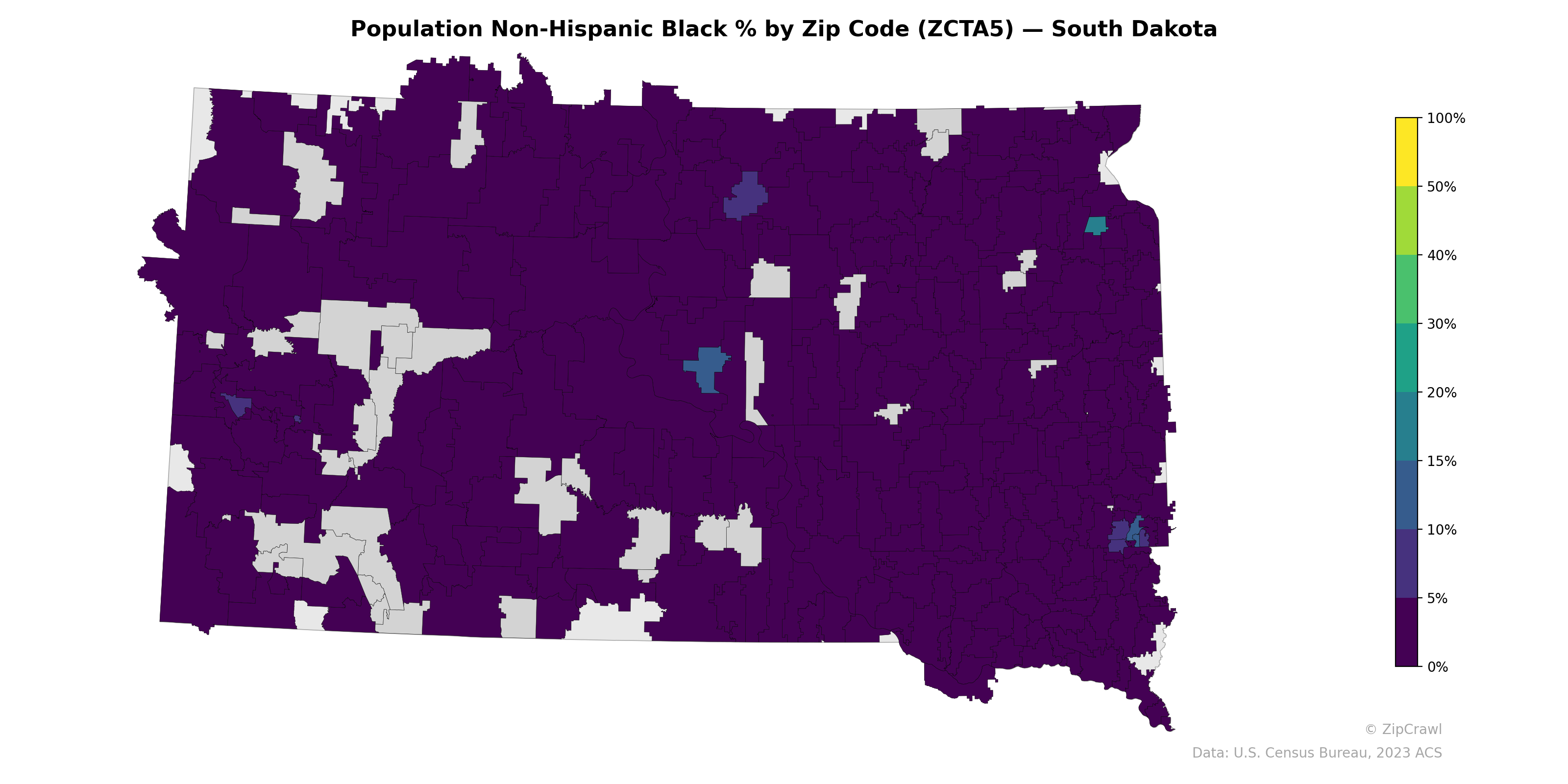 Population Non-Hispanic Black % by Zip Code (ZCTA5) — South Dakota